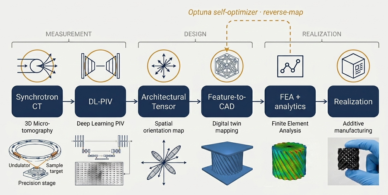 biomimetic-lattice-pipeline overview: synchrotron micro-CT and deep-learning PIV of enamel mapped to CAD, finite-element analysis and a printed lattice, with an Optuna optimization loop