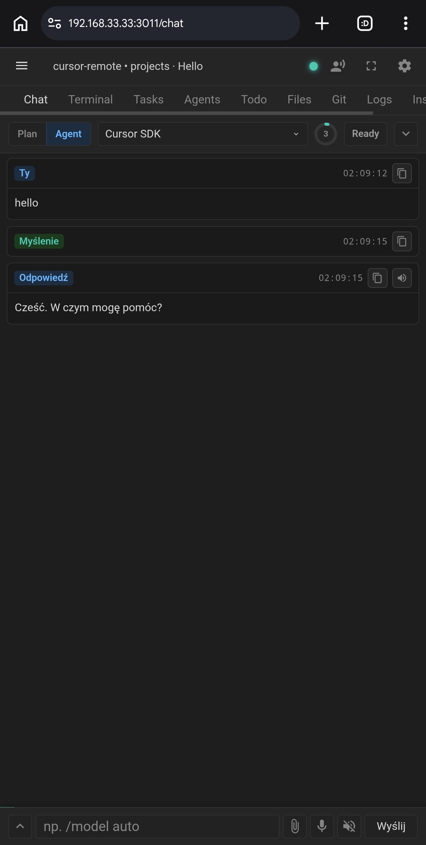 Cretli on a phone — agent chat with terminal, tasks, files and git