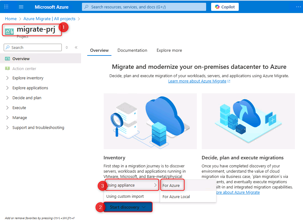 Azure Migrate Discovery page