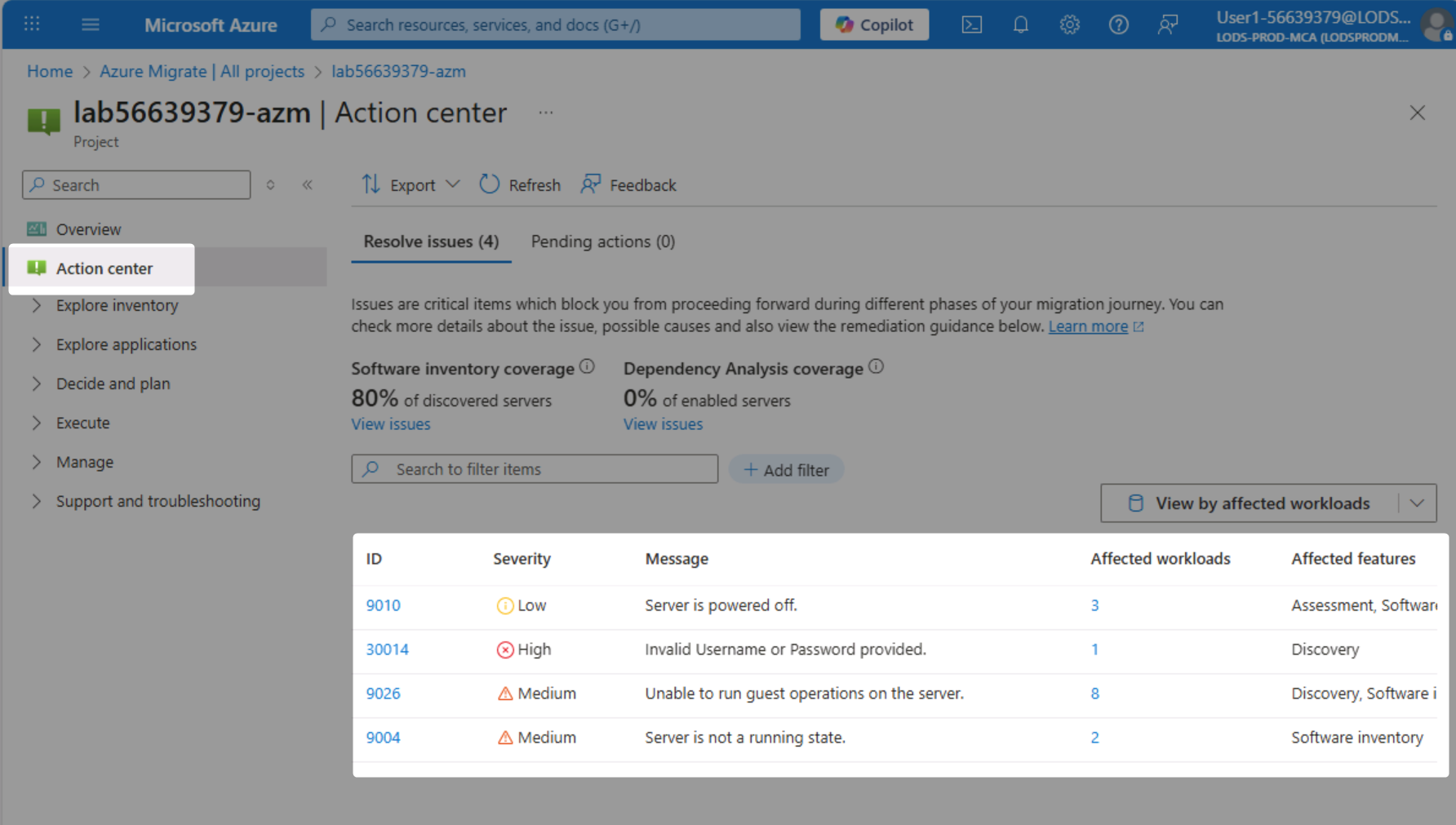 Action Center with data issues