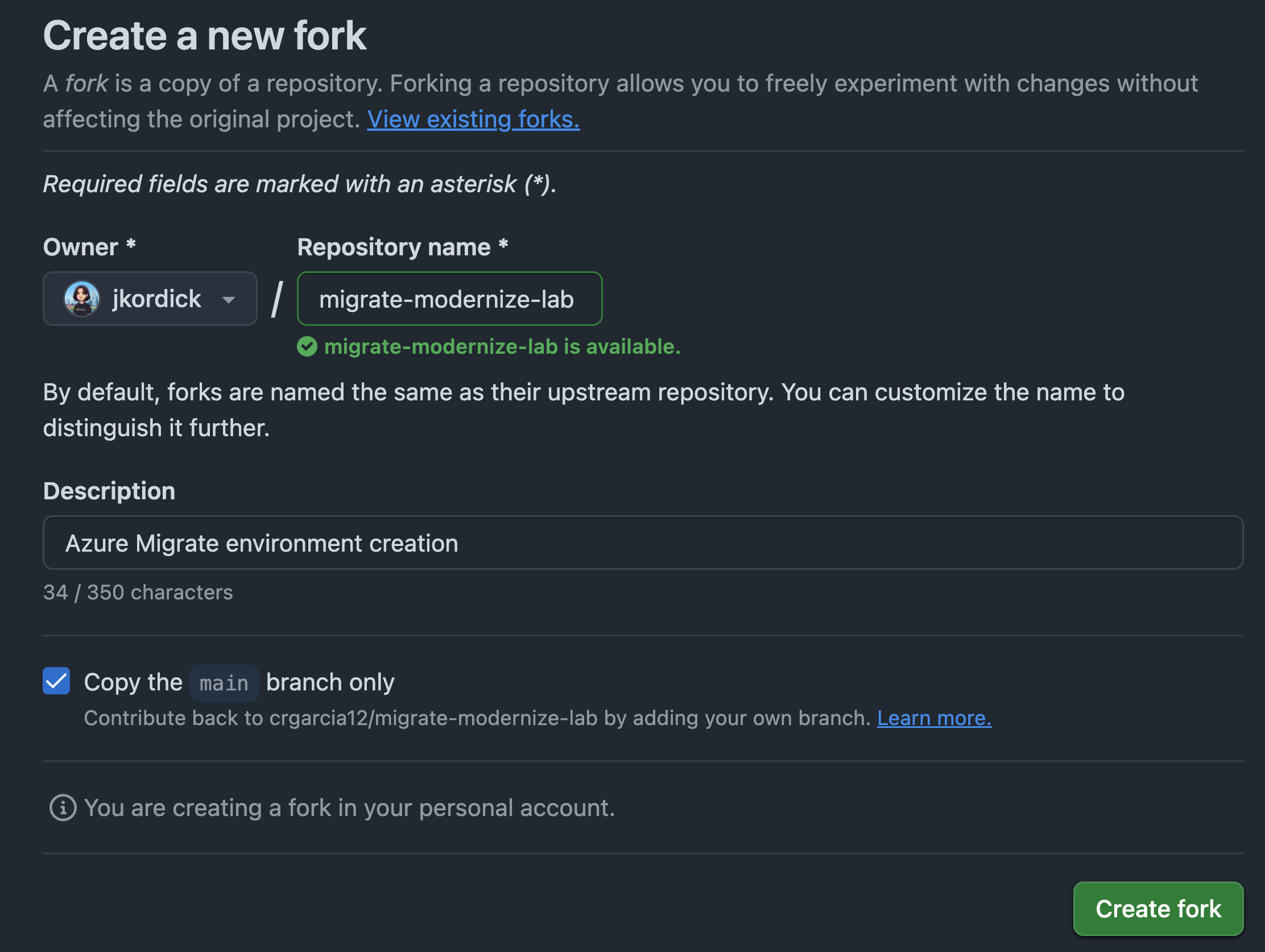 Create fork dialog
