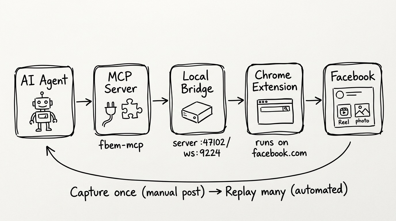 FBEM pipeline: AI Agent → MCP Server → Local Bridge → Chrome Extension → Facebook, with capture-once (manual post) → replay-many (automated)