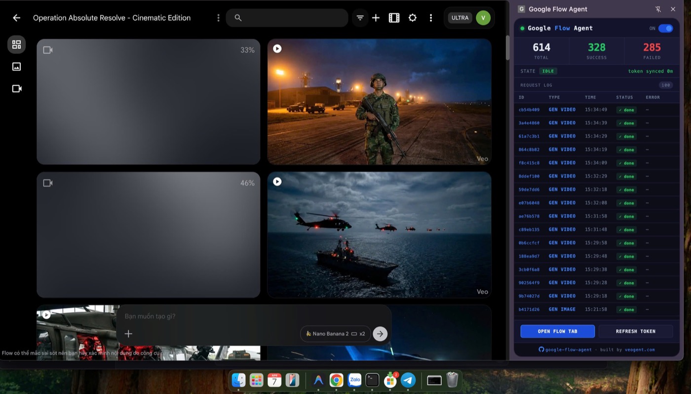 Chrome extension showing request log, video generation progress, and Google Flow interface