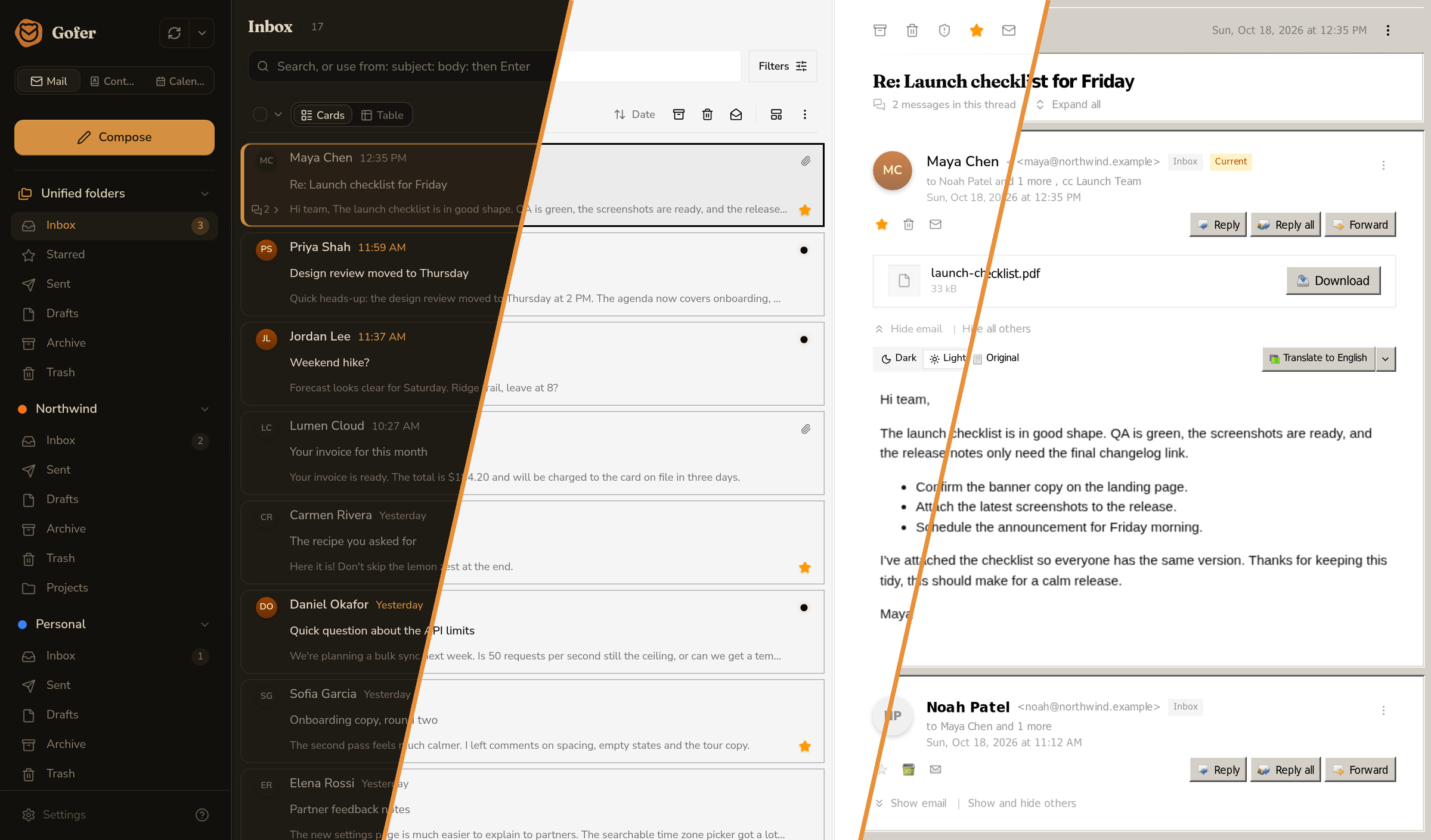 Gofer's inbox in its three styles, side by side: Classic in dark mode, Minimal, and Express