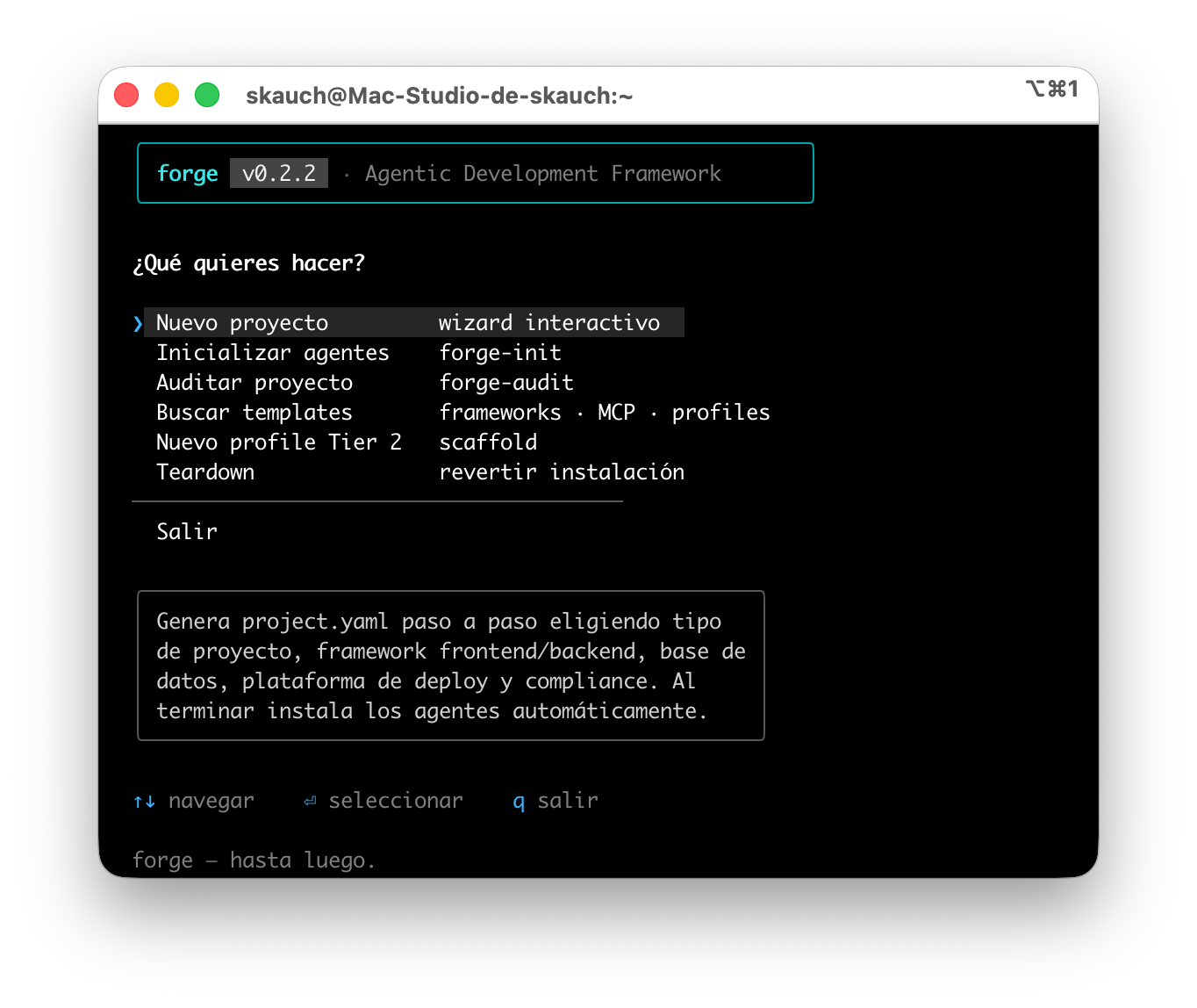 forge interactive panel in the terminal (OpenTUI): agents, skills, hooks and profiles