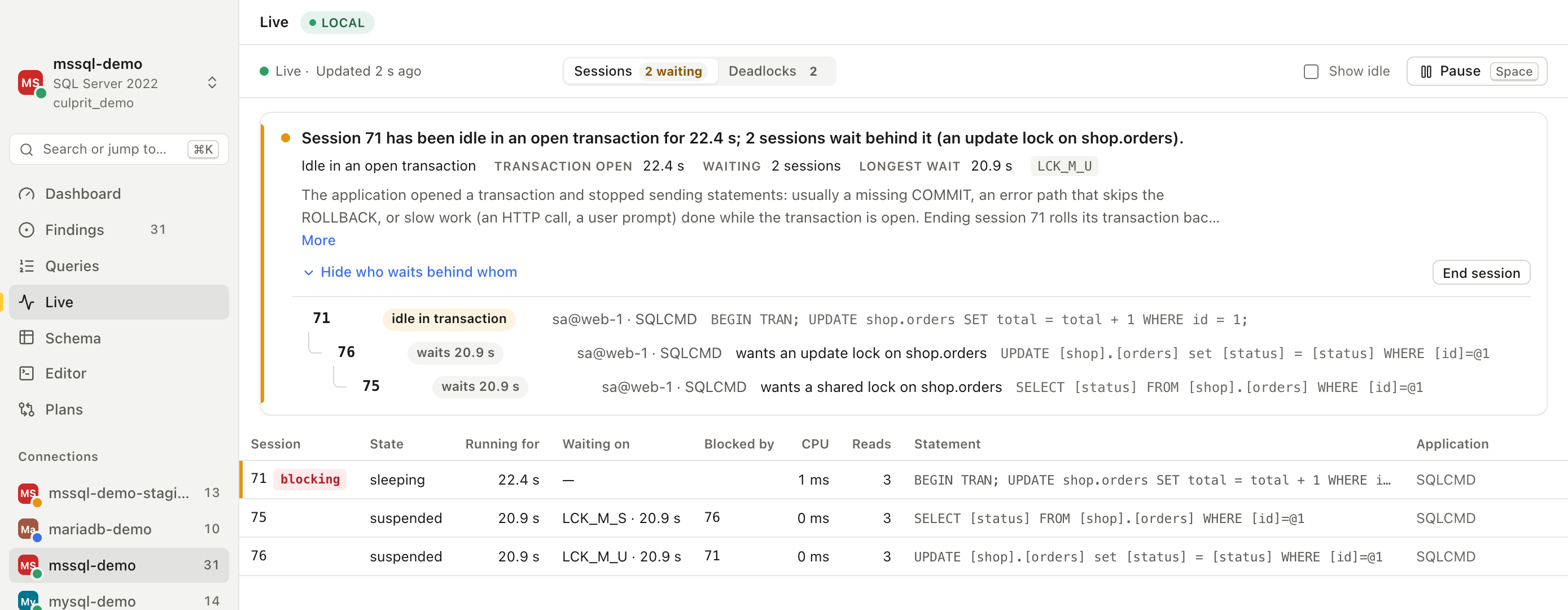 Live sessions: session 71 has been idle in an open transaction for 22 seconds and two sessions wait behind it, shown as a blocking tree