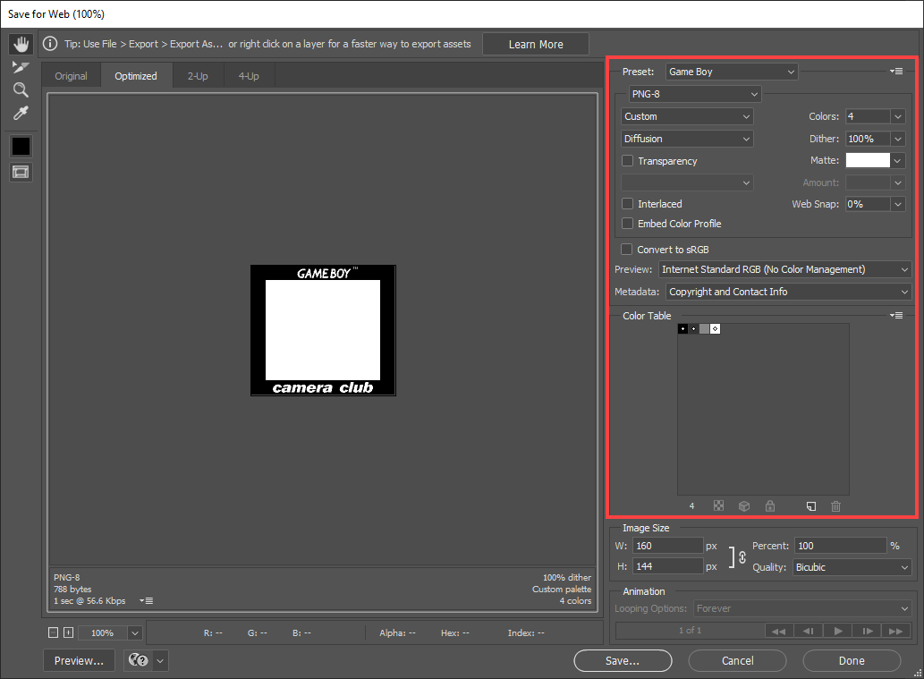 Save for Web dialog with reduced colors