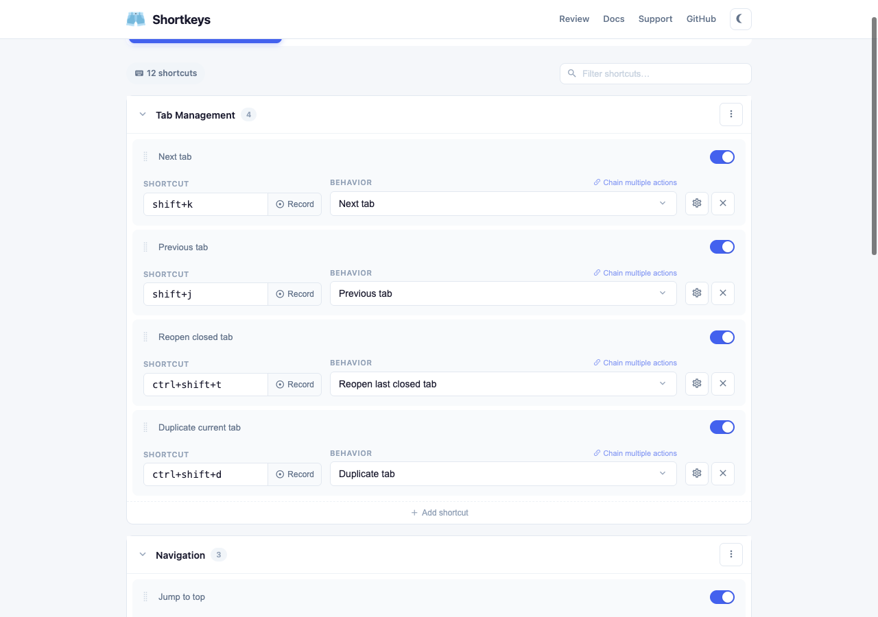 Shortkeys options page