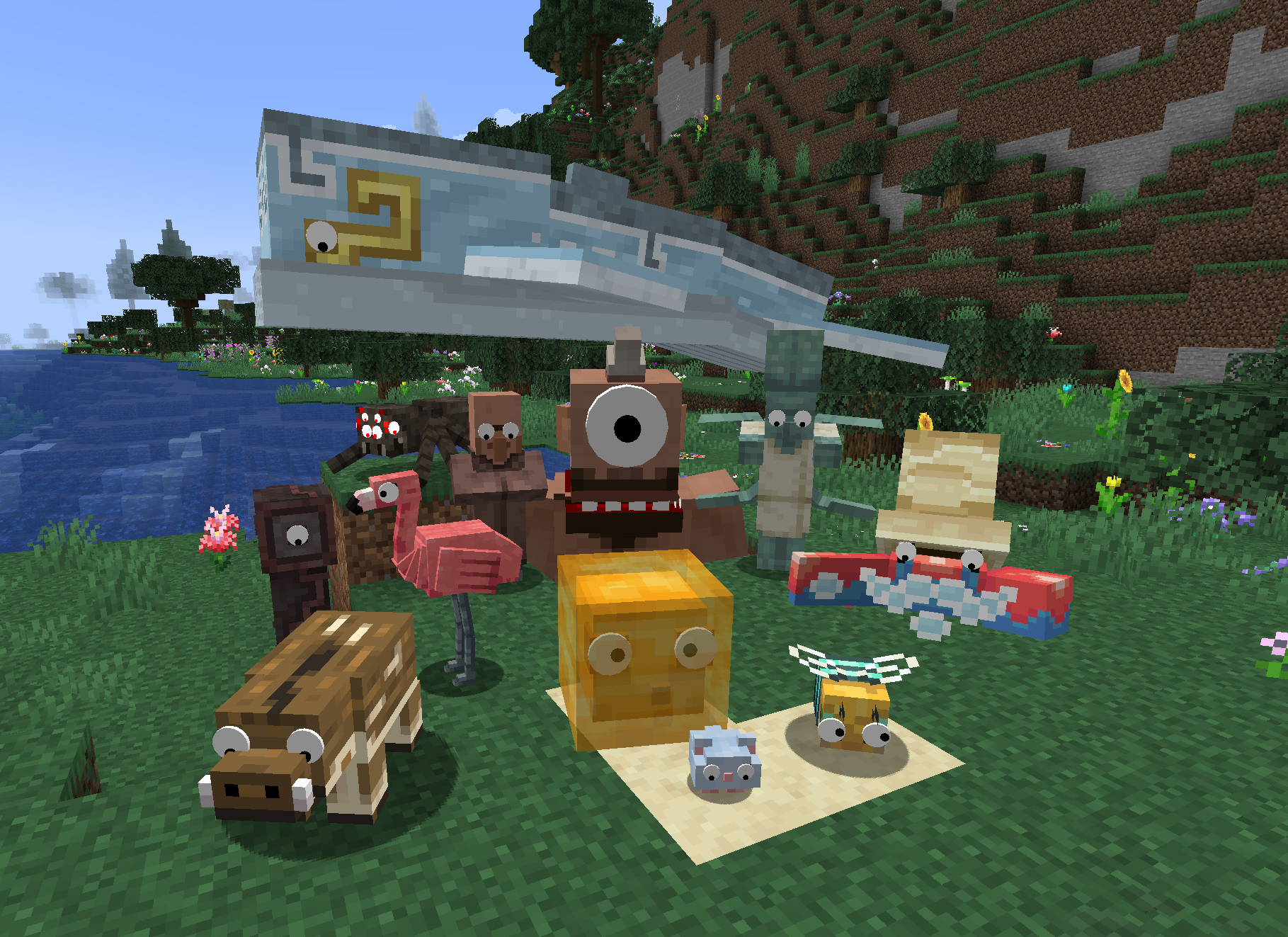 A field of mobs wearing googly eyes