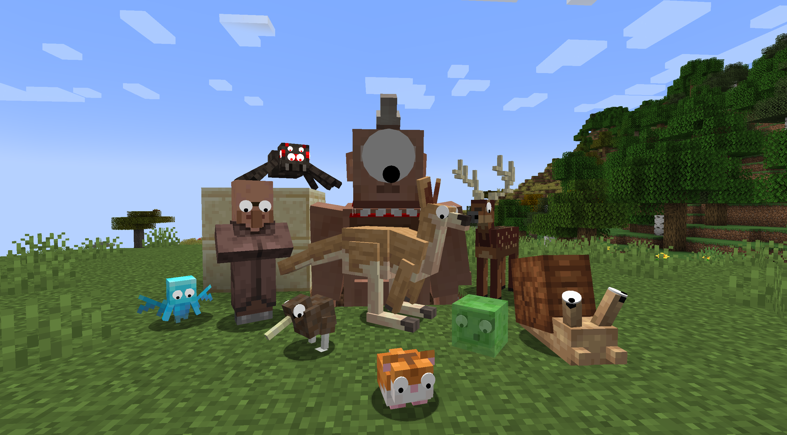 A field of mobs wearing googly eyes
