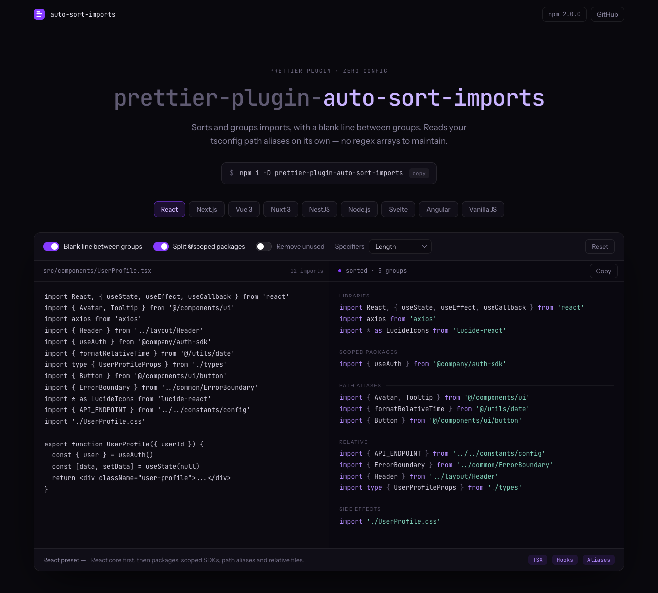 The playground, with a React file sorted into groups