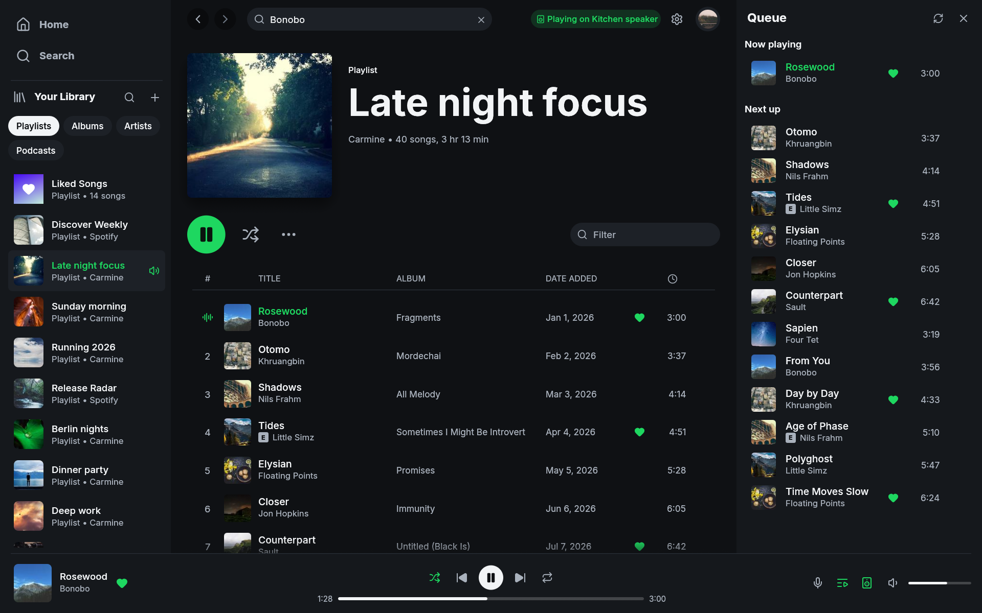 Fastpotify showing a playlist, with the queue open and a track playing on a remote speaker