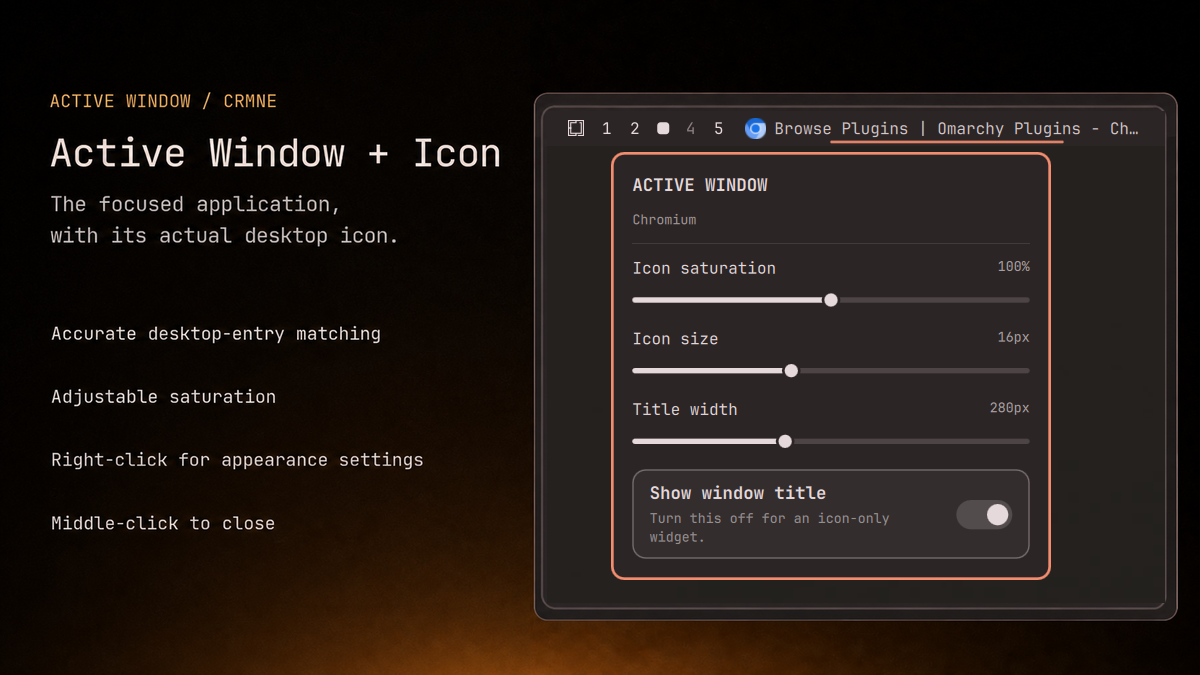 Active Window appearance settings with saturation, icon size, title width, and title visibility controls