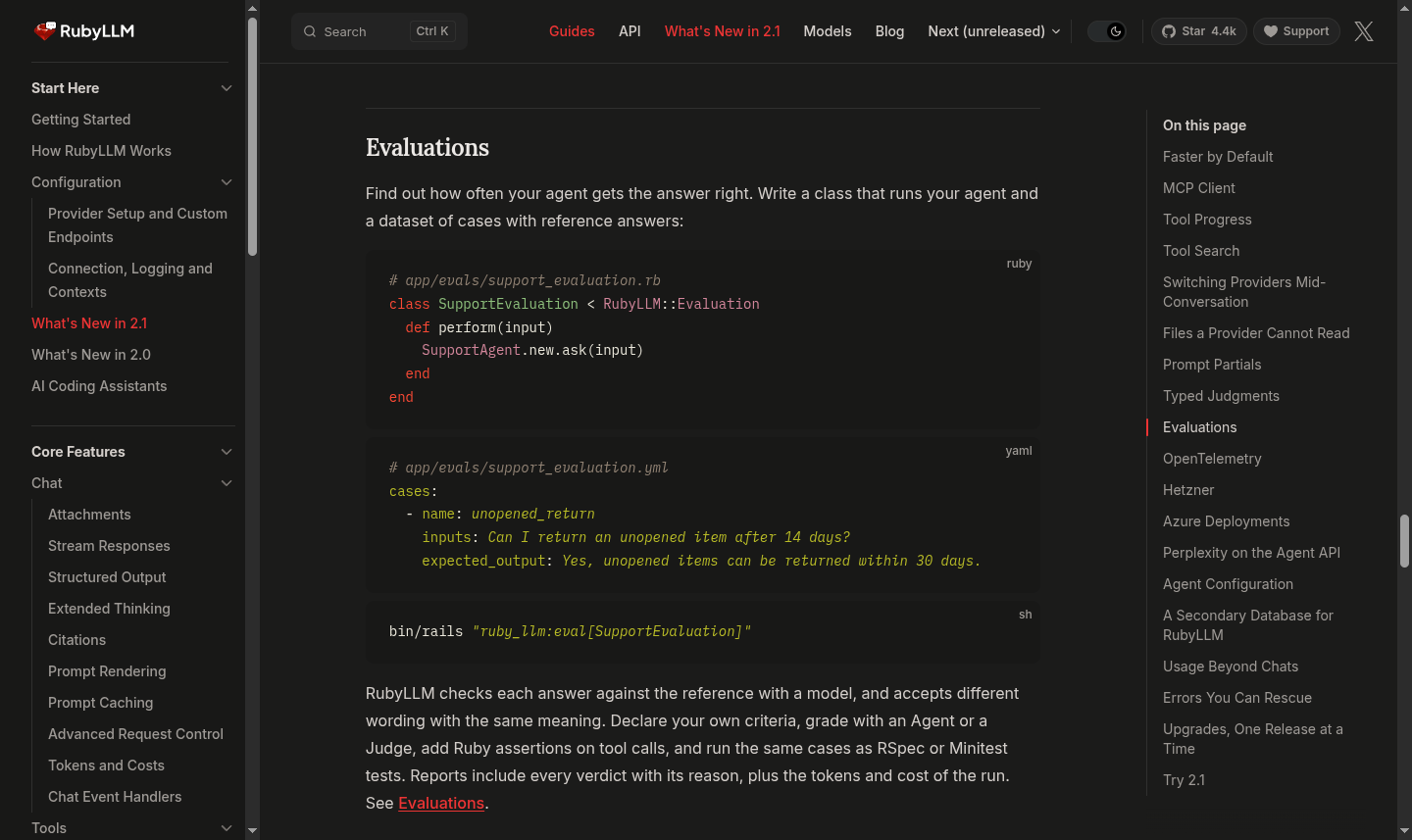 RubyLLM 2.1 agent evaluations guide