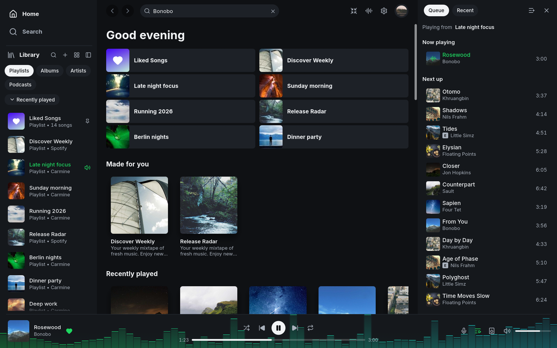 Spotifast Home with the playlist library, recommendations, queue, and player visible