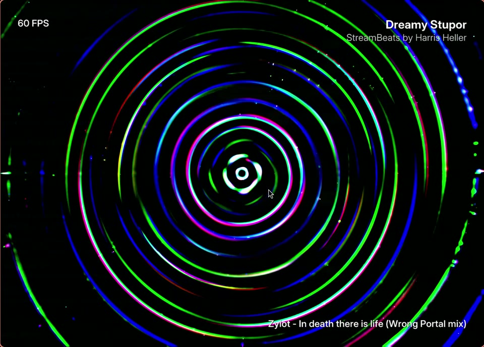 MilkDrop visualiser displaying coloured concentric patterns in Spotifast