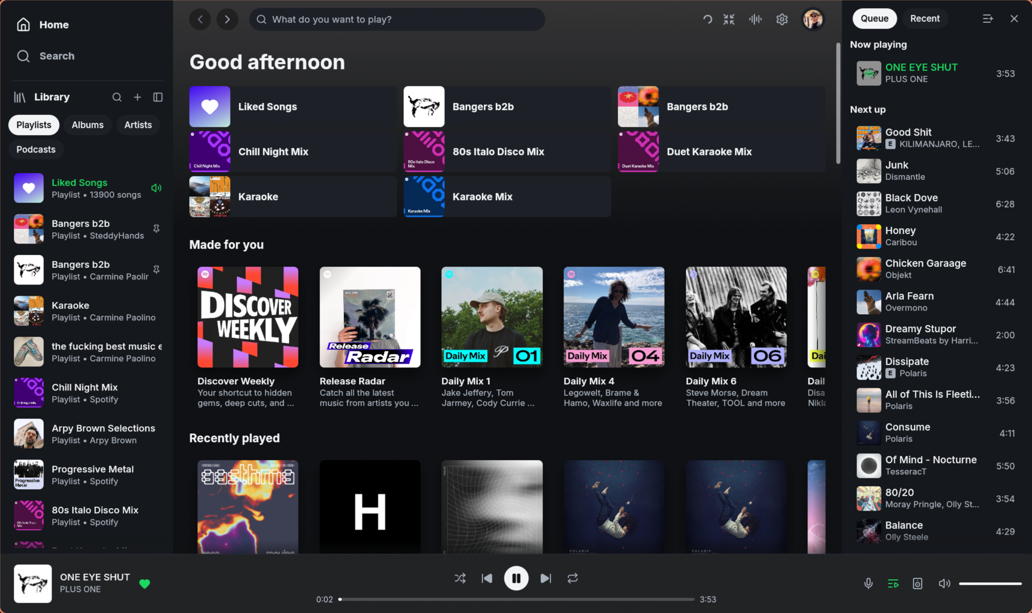 Spotifast Home with the playlist library, recommendations, queue, and player visible