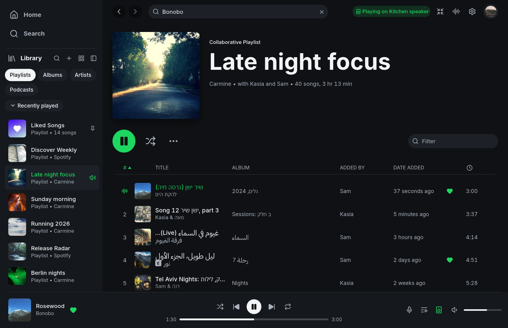 A playlist with Hebrew and Arabic titles, some mixed with English, numbers, and brackets