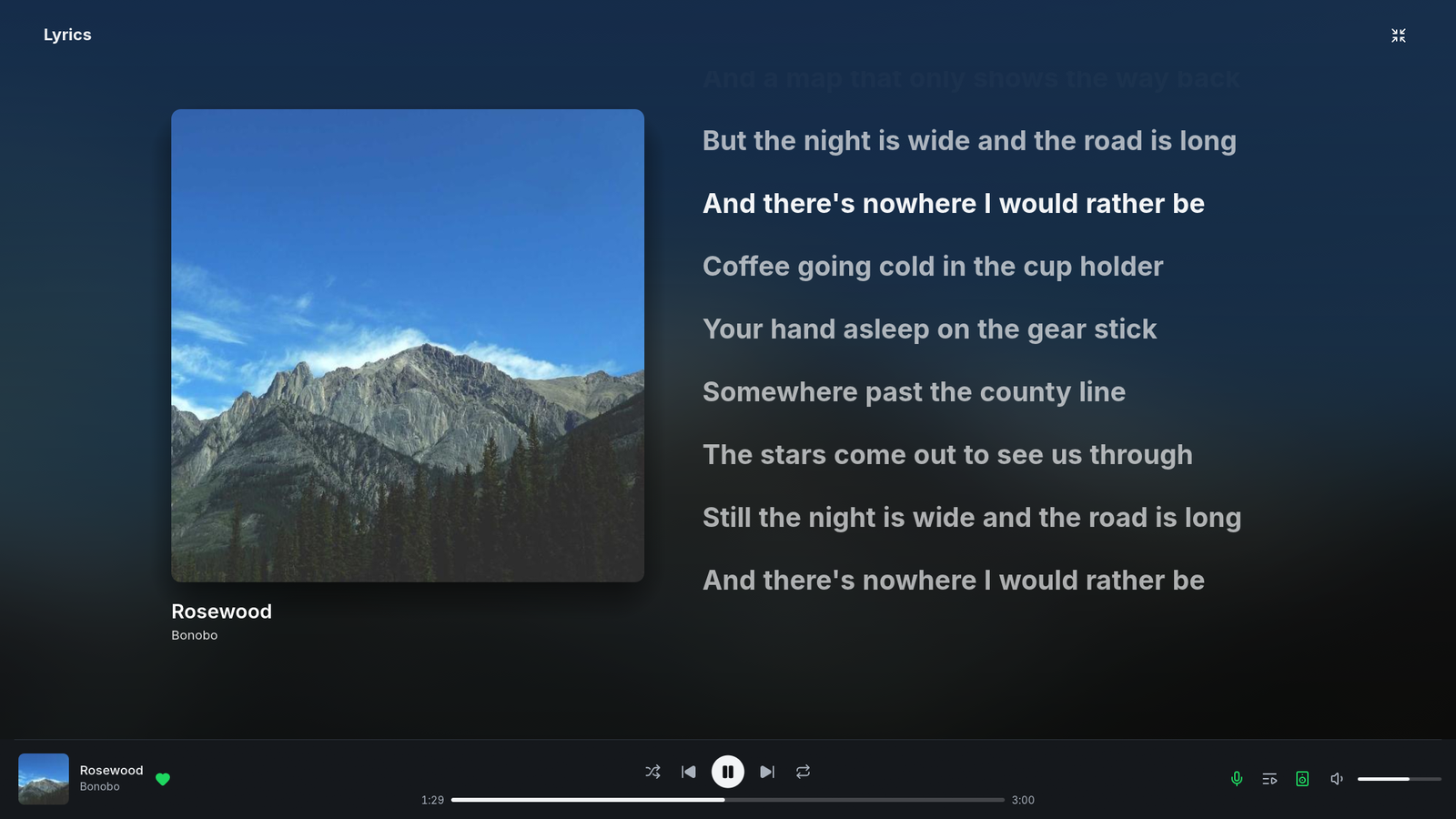 Full-screen lyrics beside a large cover
