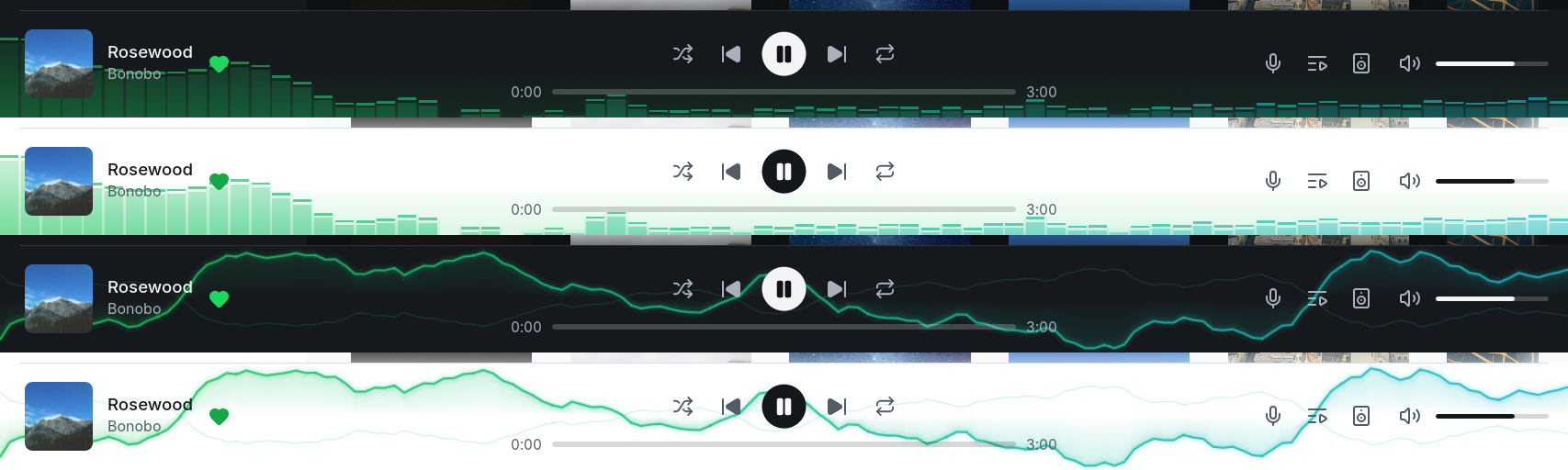 The player bar with the spectrum and the waveform, in the dark and light themes