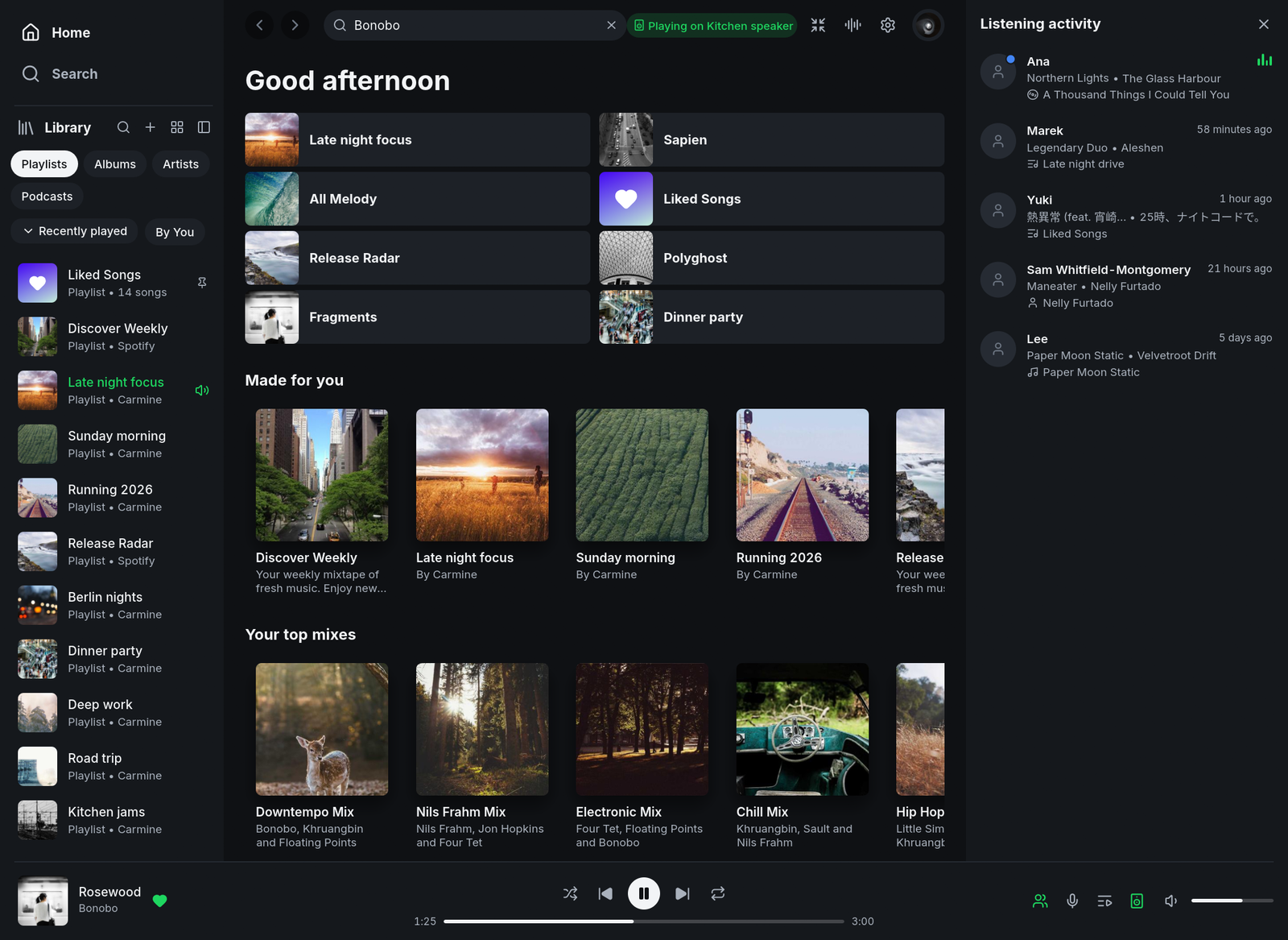 Home with what you played last and Your top mixes, beside Listening activity