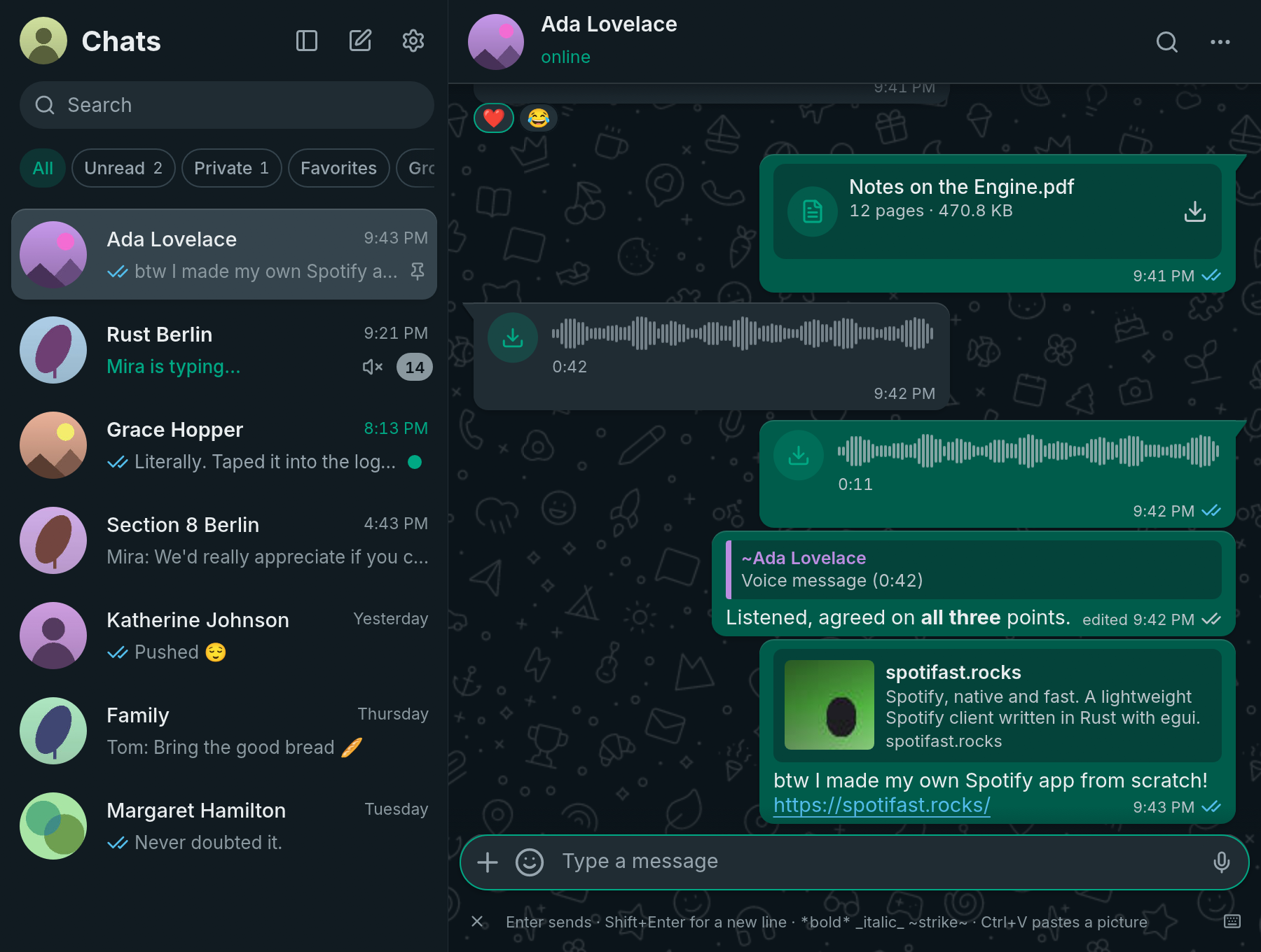 ZapFast showing a conversation with an attachment, voice messages, reactions, a quoted reply, and a link preview