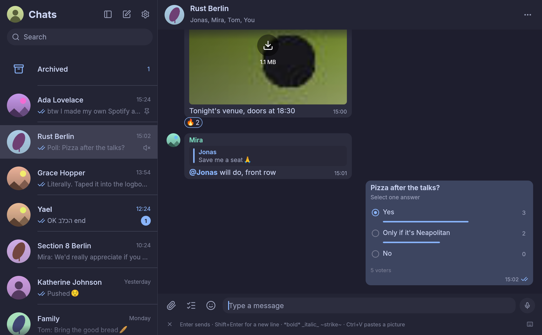 Poll options and vote counts in a group conversation