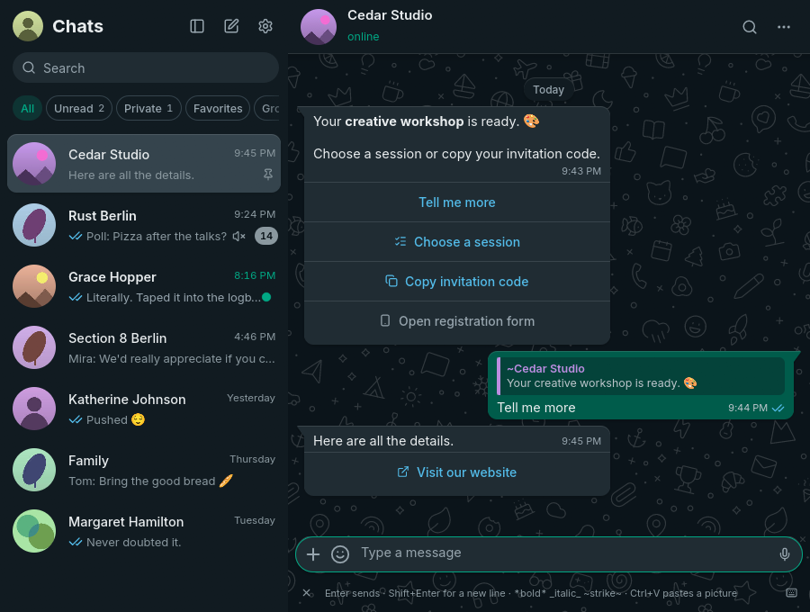Offline demo with a reply button, a session list, a copy-code action, and an unavailable form