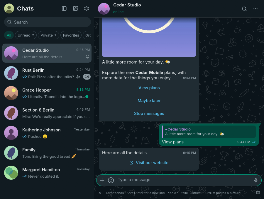 Offline demo of an interactive image message with working reply options and an active website link