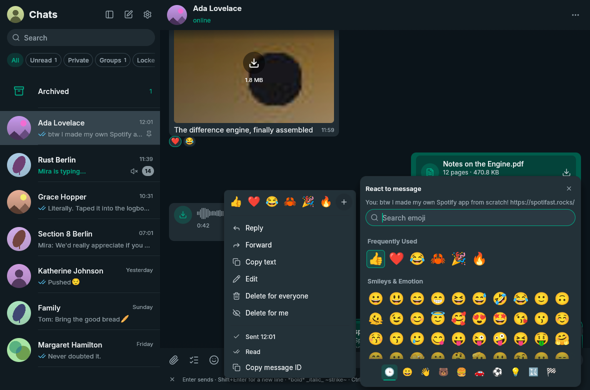 The full emoji reaction picker beside a synthetic conversation