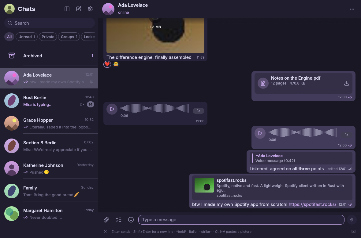 Rosé Pine with chat filters and voice-message speed controls