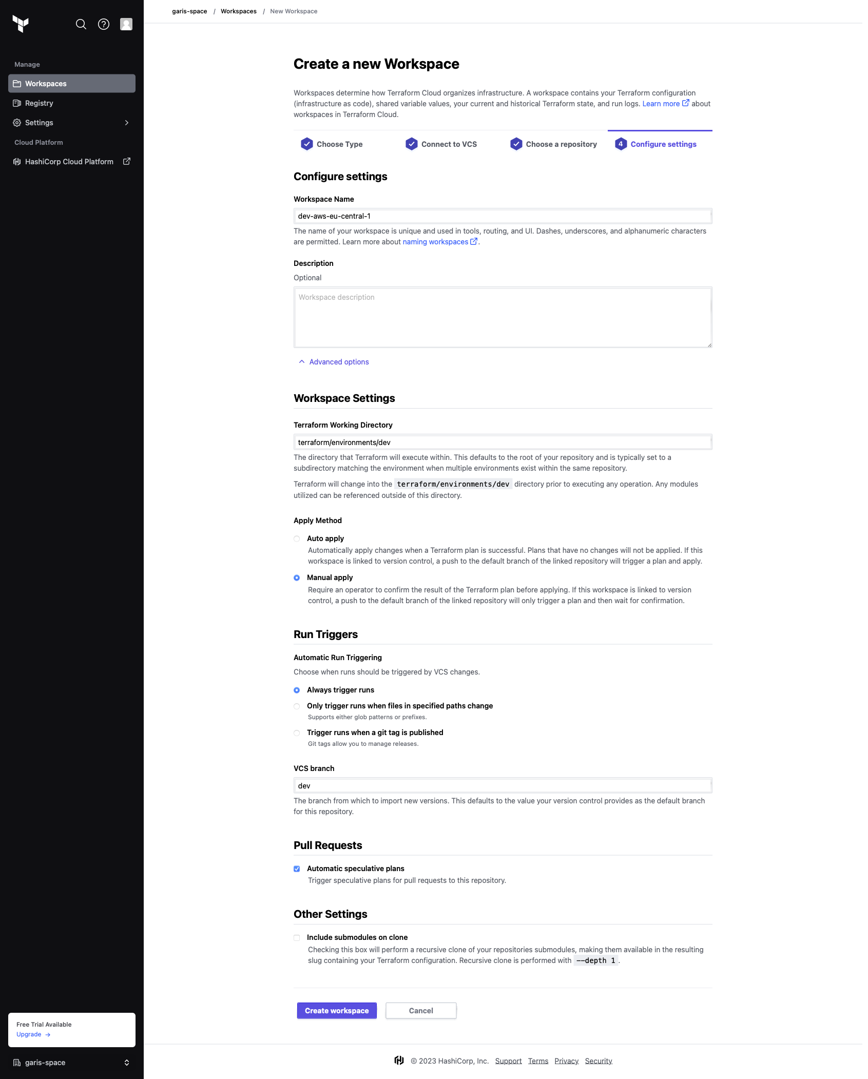 Terraform Cloud Create Workspace