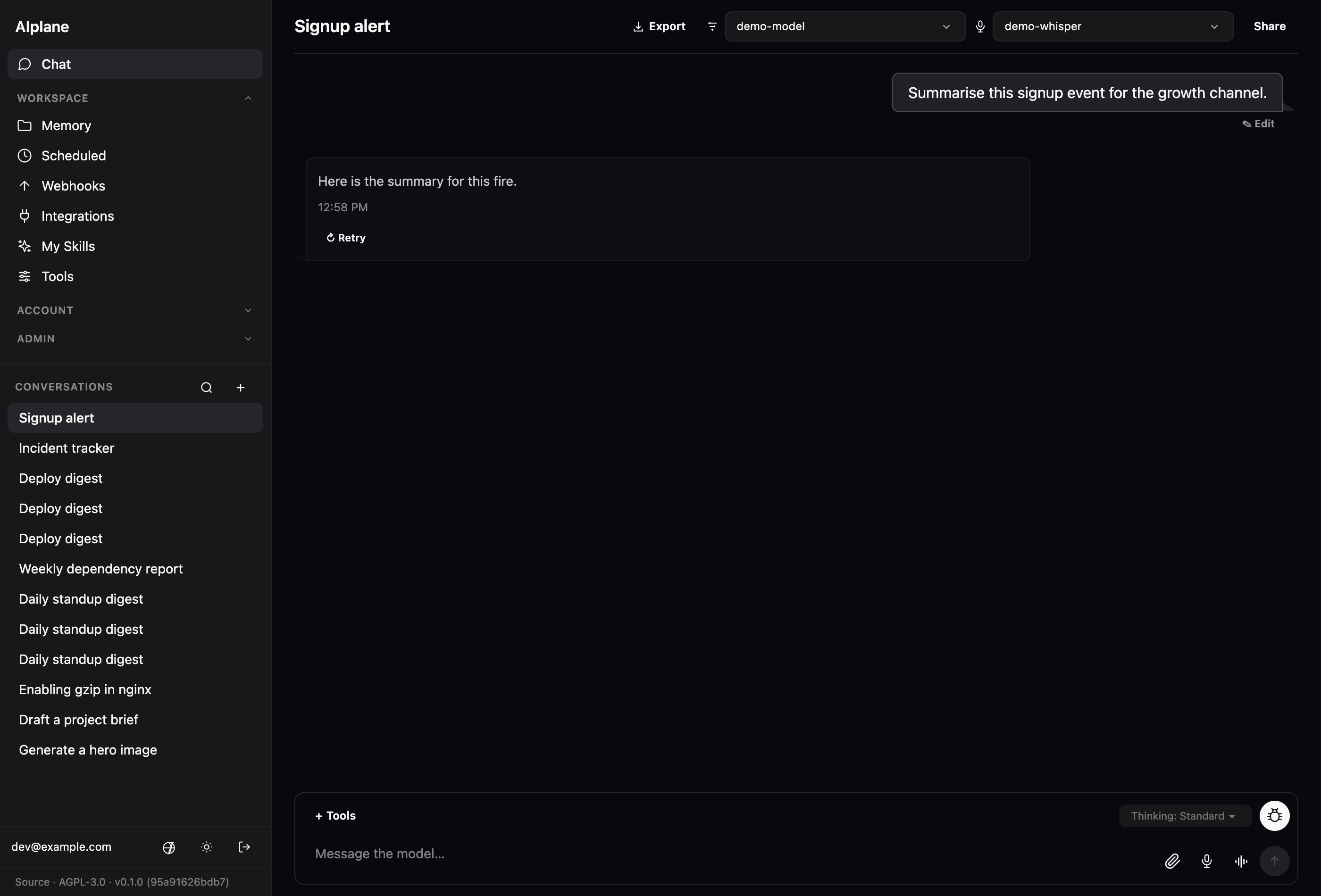 The built-in chat UI answering a question by calling the web-search tool mid-completion — the reasoning step, the tool calls, and the final markdown answer all render inline.