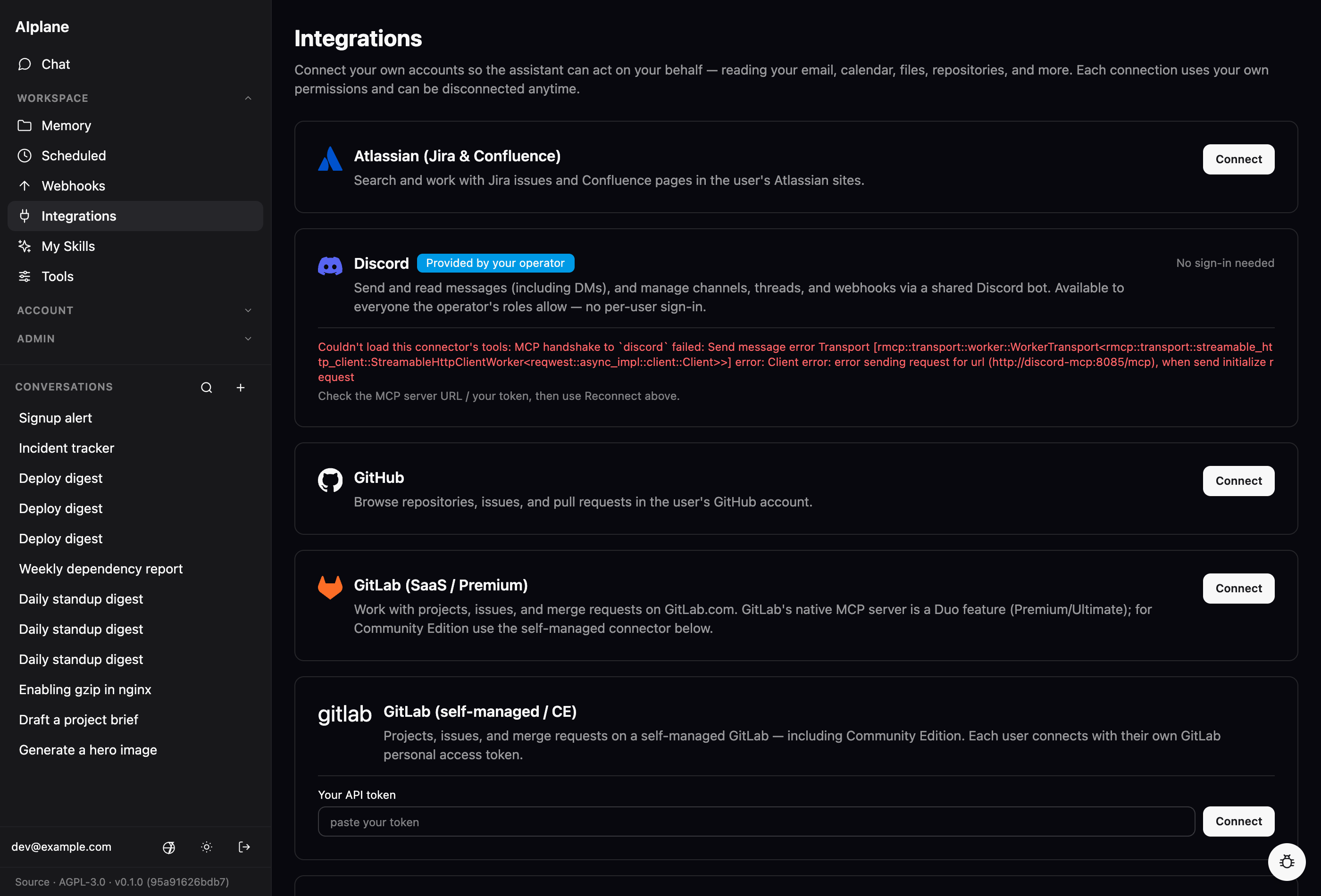 The /integrations page: a list of connectable accounts — Atlassian, GitHub, GitLab (SaaS and self-managed), Google Workspace — each with a short description and a Connect button; the self-managed GitLab card shows a personal-access-token field.