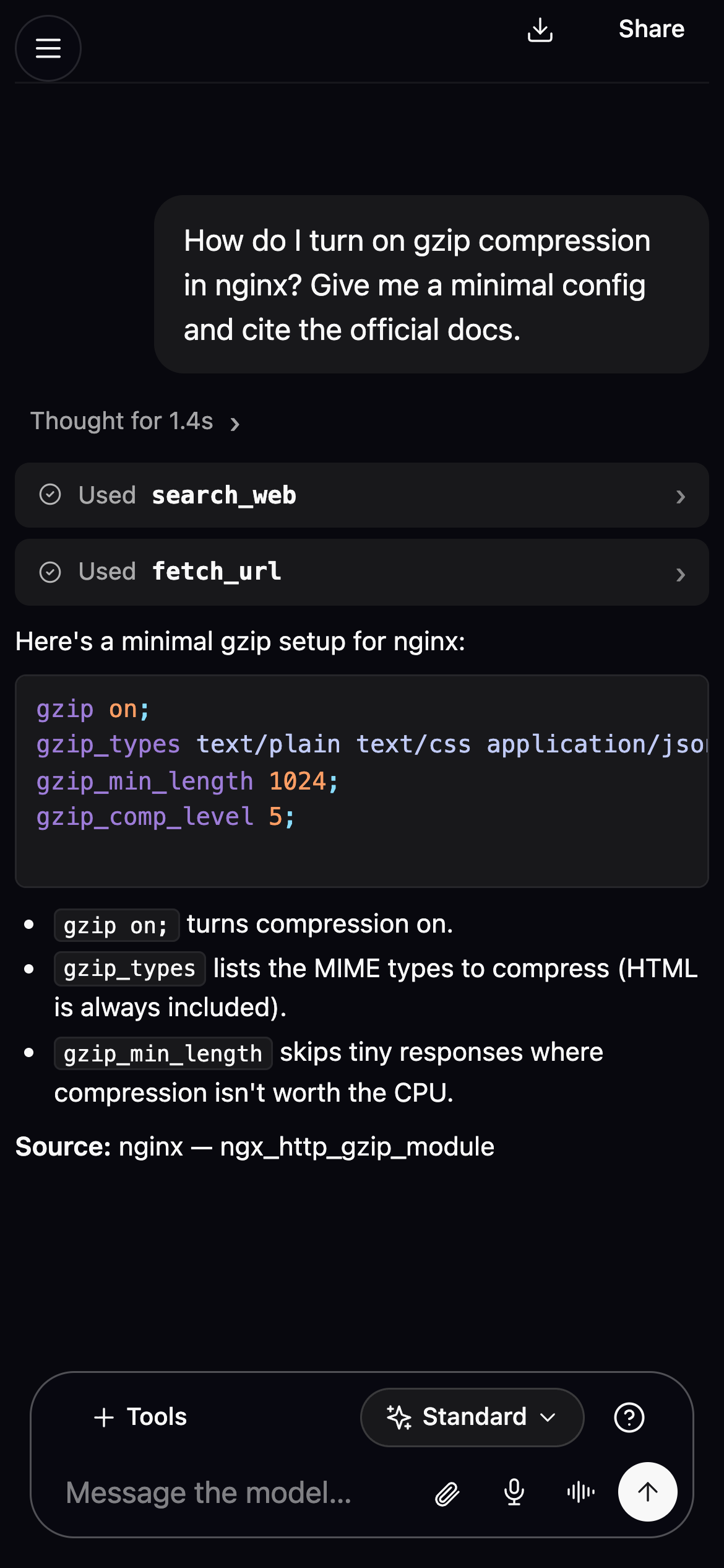The chat UI on a phone-width screen: the sidebar is collapsed behind a hamburger and the conversation, tool calls, and composer reflow to a single column.