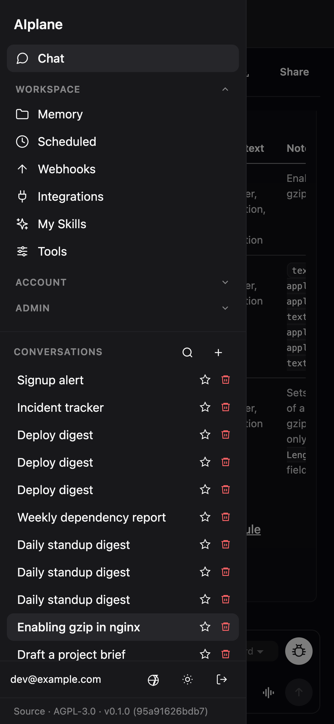 The mobile navigation drawer slid open over the dimmed chat, showing the Workspace / Account / Admin nav groups and the conversation list.