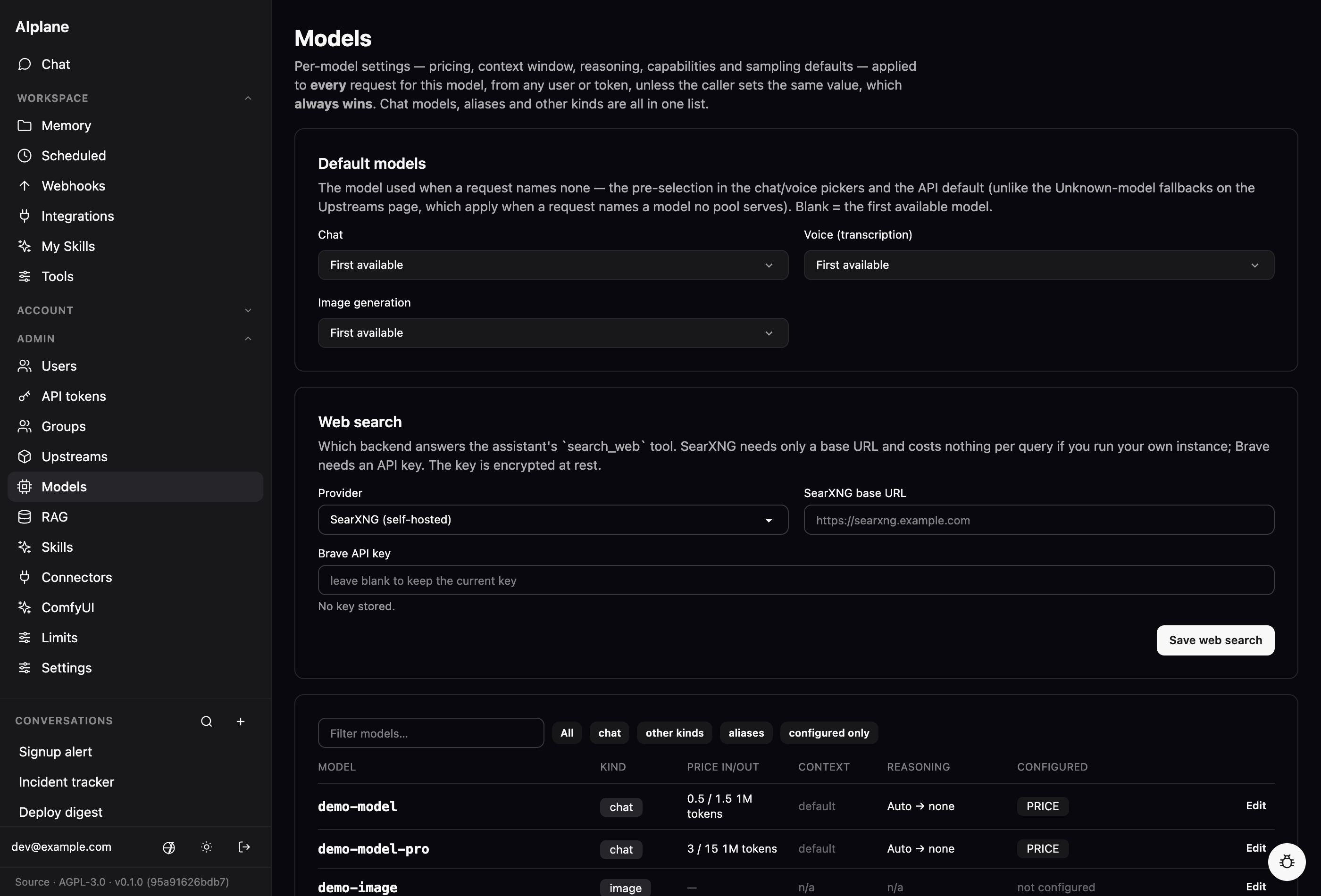 The /admin/models page: a "Default models" card with per-feature model pickers (chat, voice, image generation) above a filterable list of every advertised model — each row showing its kind, input/output price, context window, reasoning settings, and whether it has been configured, expandable for the full per-model editor.