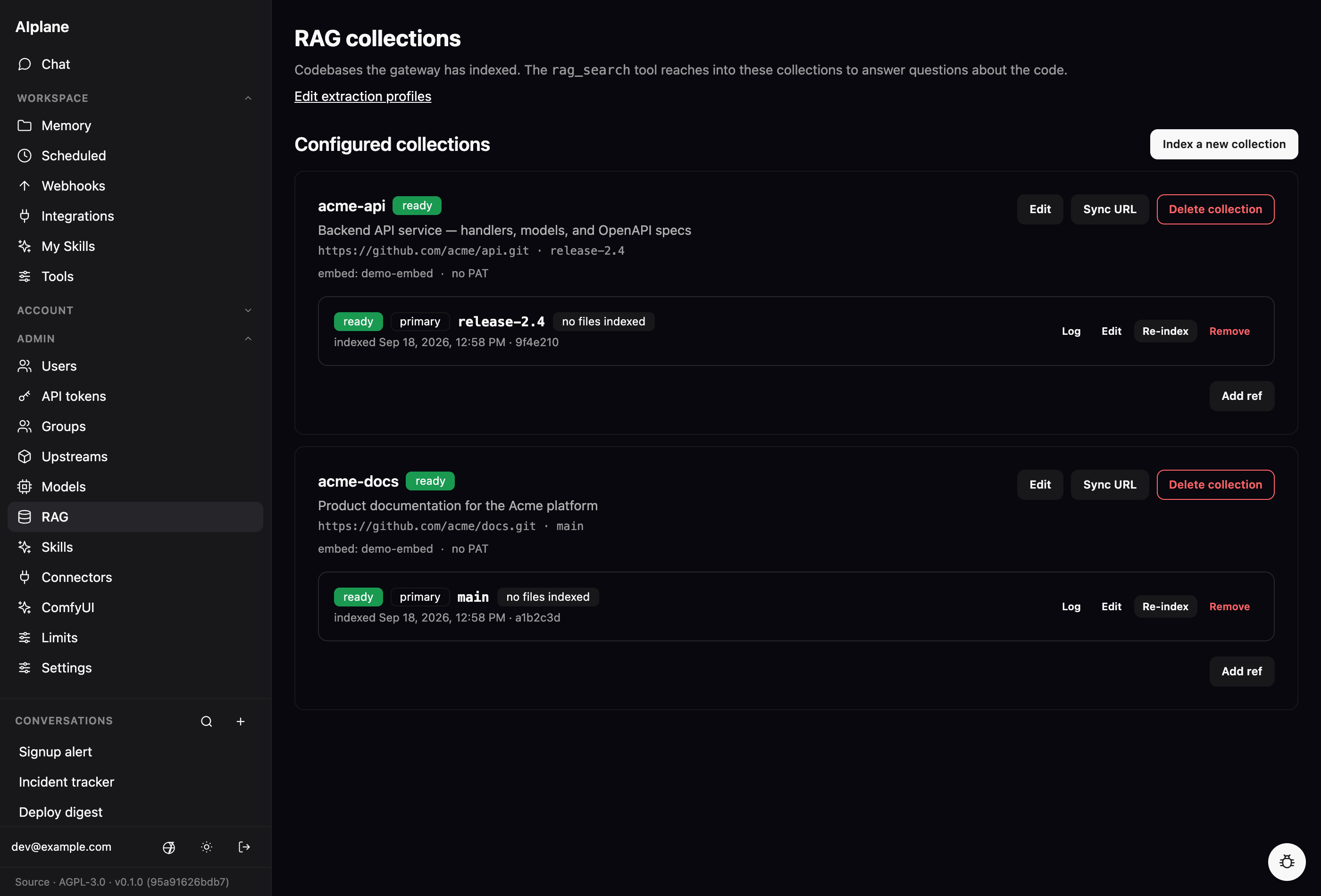 The RAG page: a form to index a new collection from a git repo (embedding model, branch, include/exclude globs, chunk size) and a list of existing collections with their indexing status.