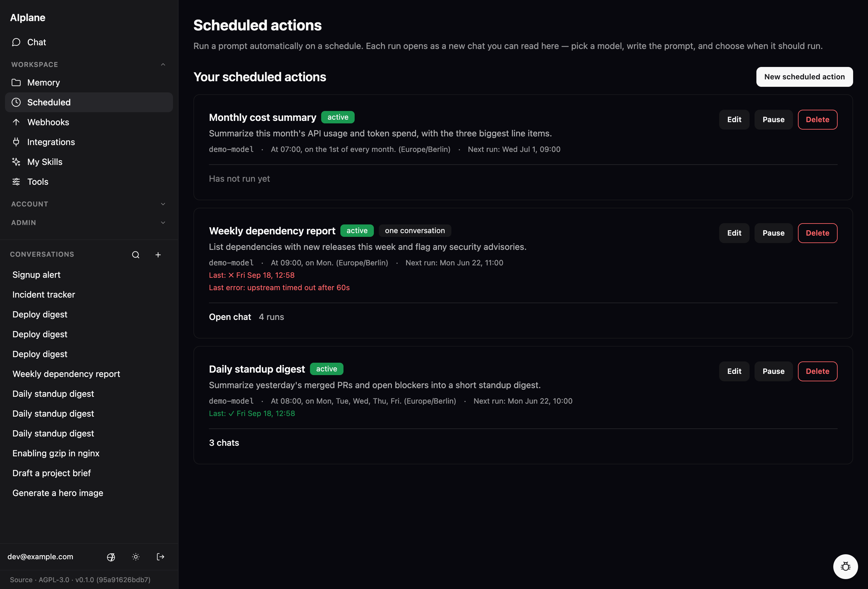 The /scheduled page: a builder form (name, model, prompt) with a Hourly/Daily/Weekly/Monthly/Advanced schedule selector, time and timezone fields, a live human-readable summary with the next three run times, and a tools toggle — above the list of your existing scheduled actions.