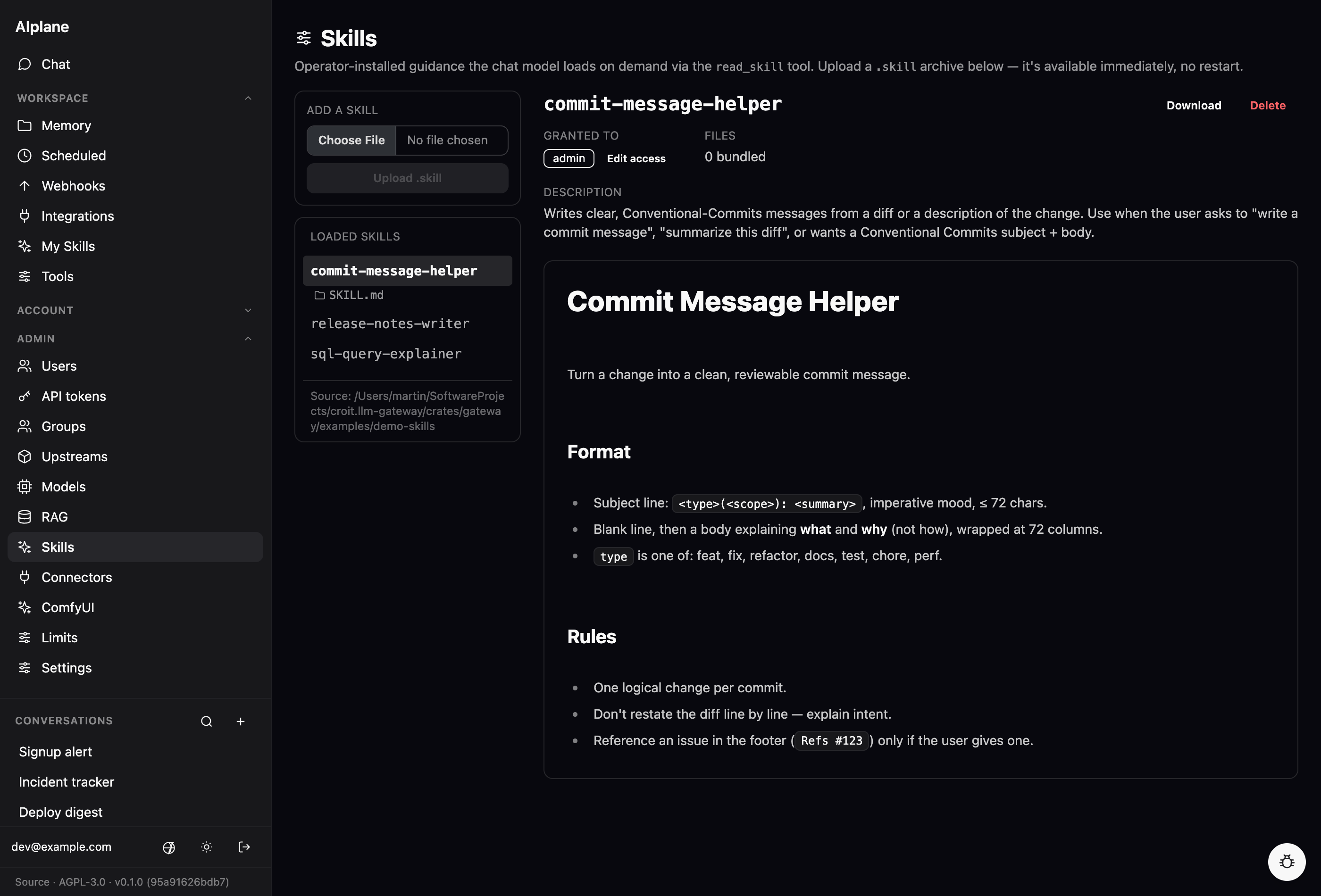 The /admin/skills page: an upload control, the list of loaded skills with the selected bundle's file tree, and that skill's rendered SKILL.md alongside which roles it's granted to.