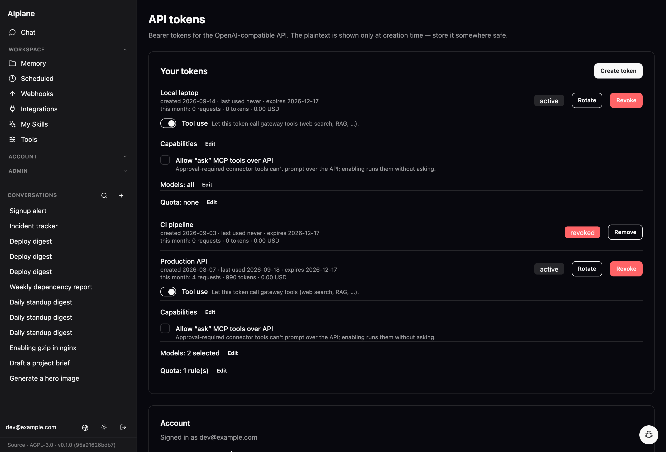 The /tokens page: mint a bearer token with a name and TTL, then a list of your tokens — each showing active/revoked status, created / last-used / expiry dates, this month's requests / tokens / spend, collapsible Tool use, Models and Quota panels, and Rotate/Revoke actions.