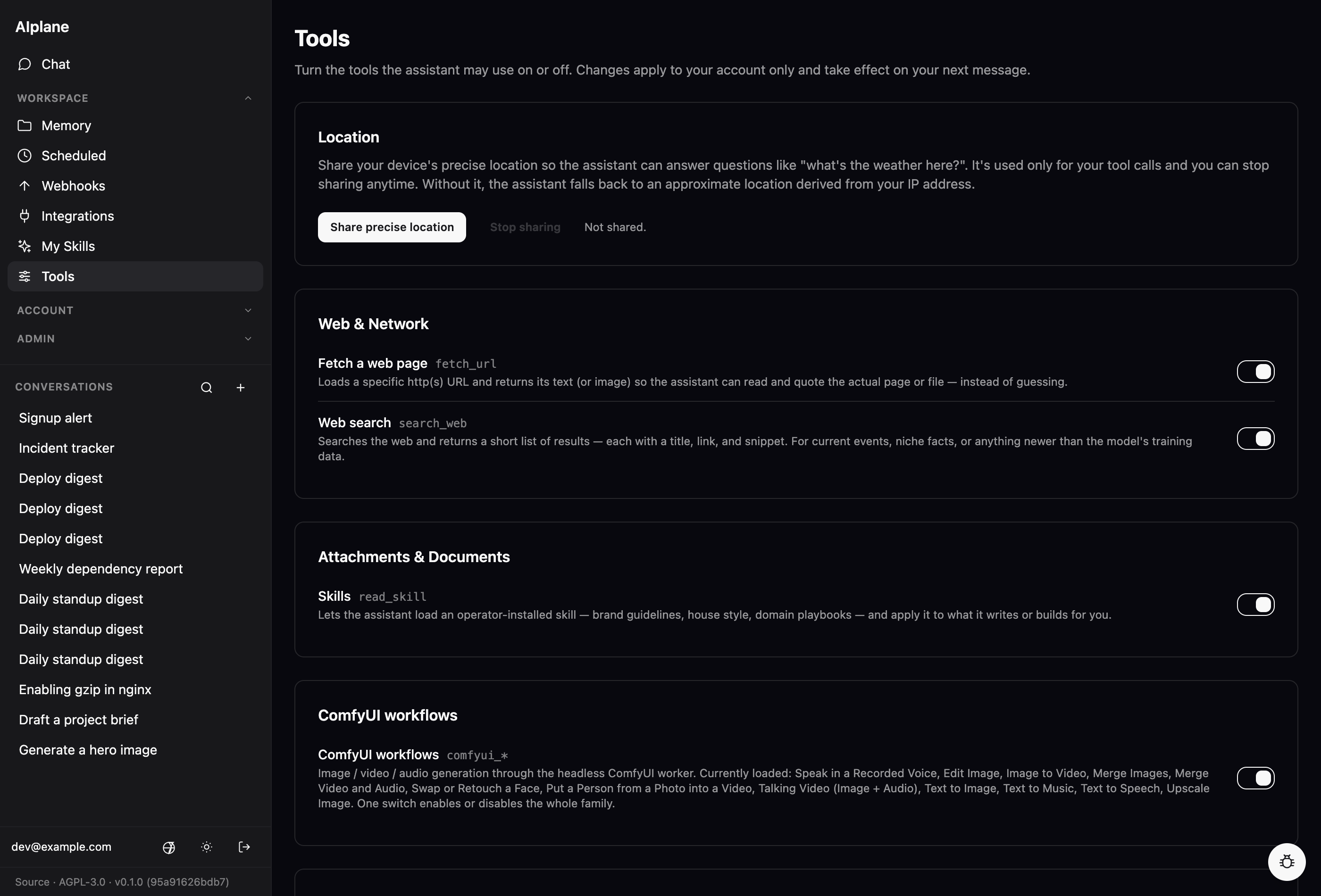 The /tools page: server-side tools grouped by category, each with its function name, a plain-English description, and a per-user on/off switch.