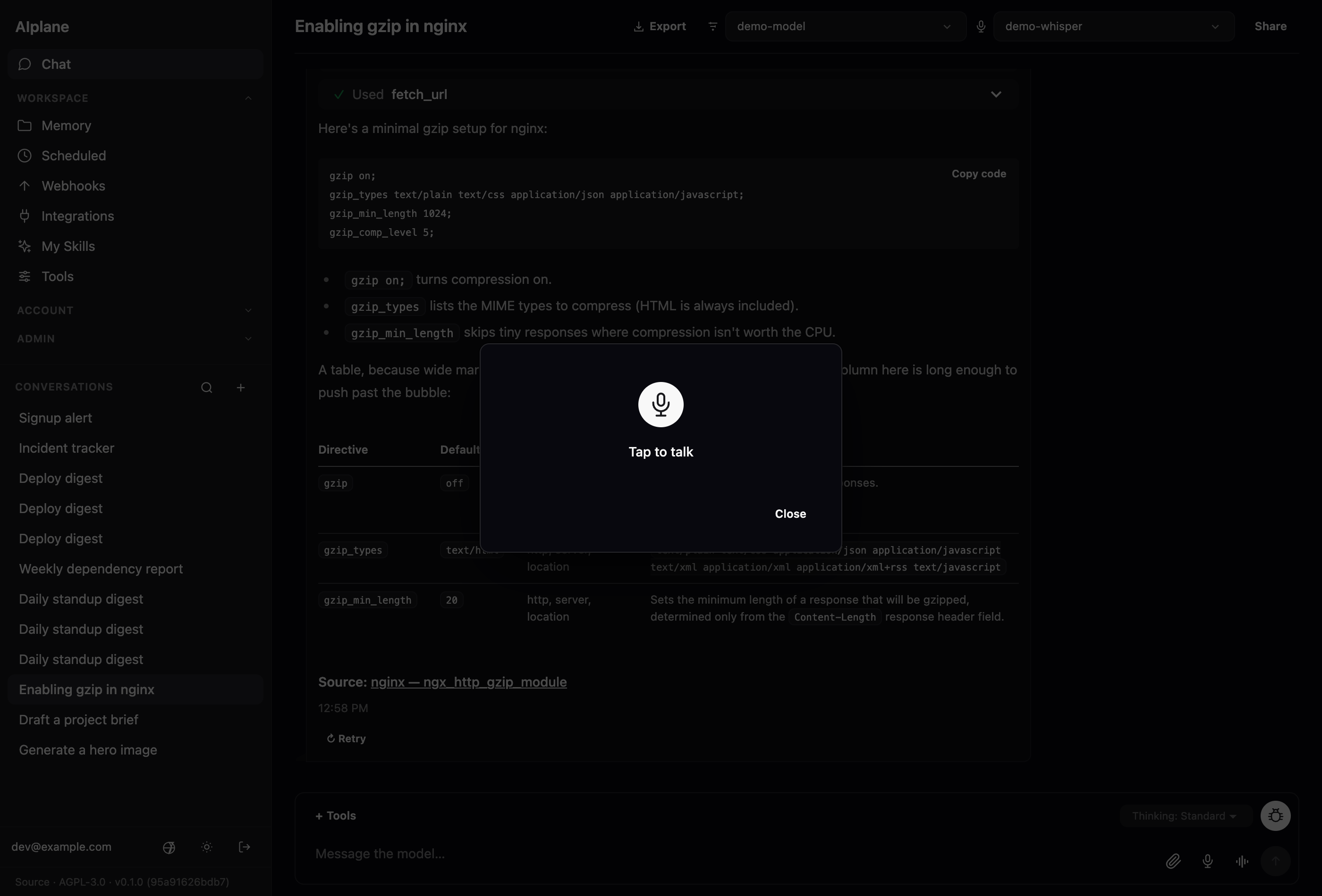 The voice conversation modal: a large push-to-talk button with a "Tap to talk" prompt, a running YOU / AI transcript, and a "recording to chat" indicator — everything said is also saved as an ordinary chat turn.