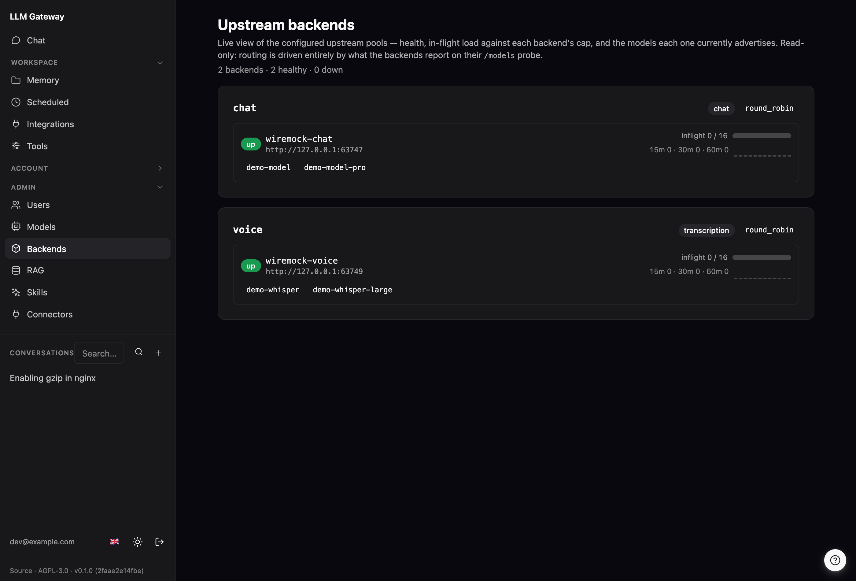 The backends page: each upstream pool with its kind, load-balancing strategy, per-backend health, in-flight load against capacity, and the models each one currently advertises.