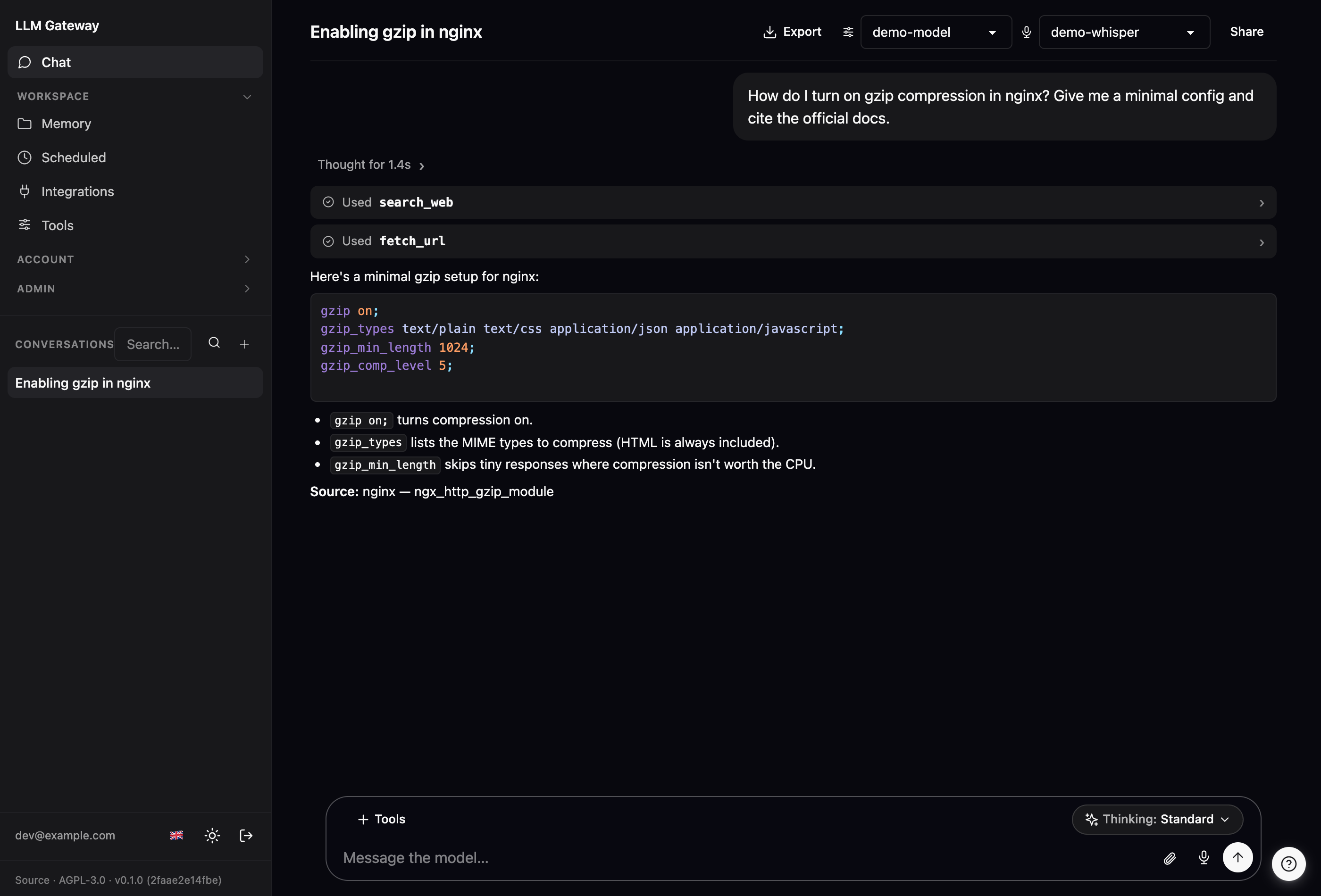The built-in chat UI answering a question by calling the web-search tool mid-completion — the reasoning step, the tool calls, and the final markdown answer all render inline.