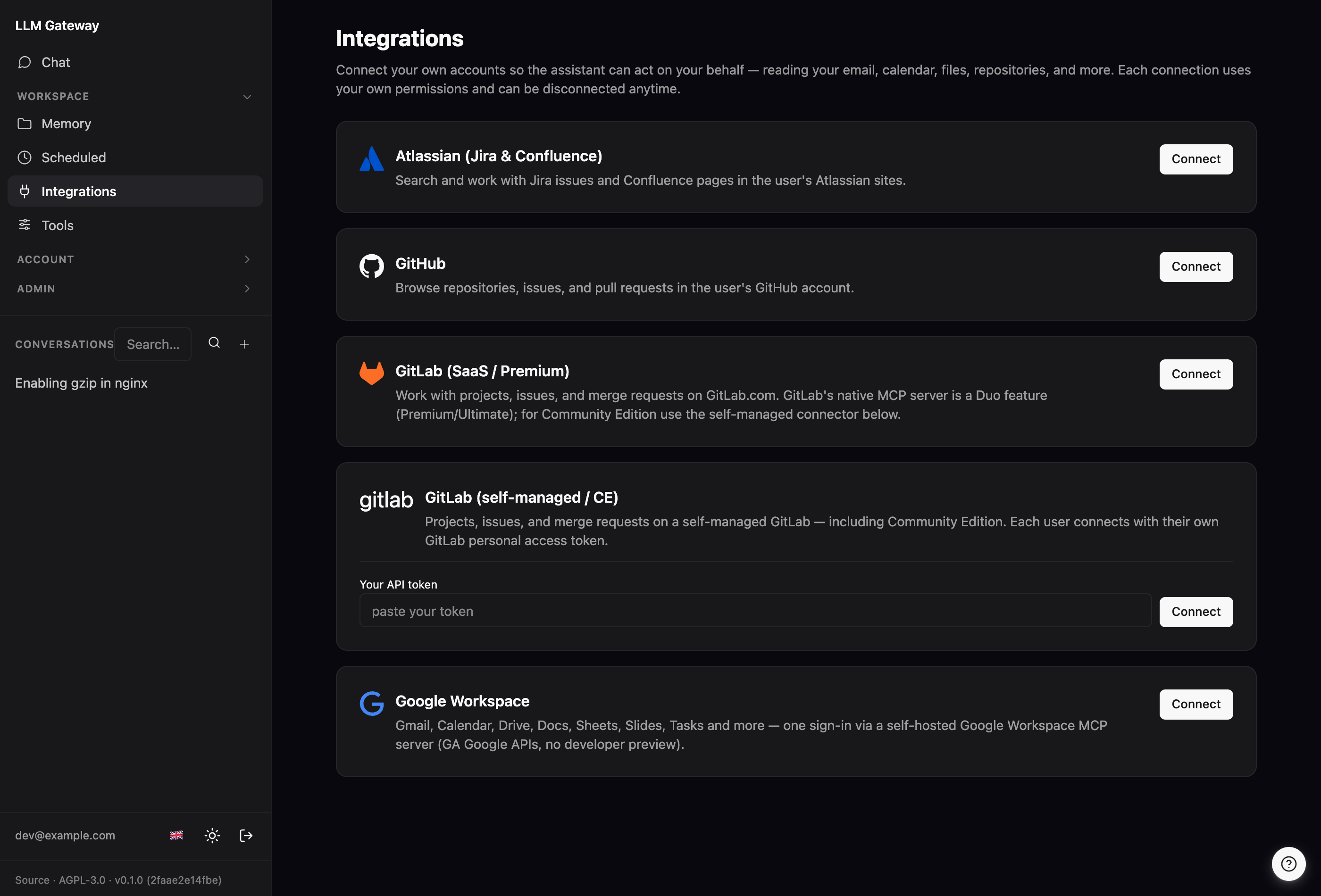 The /integrations page: a list of connectable accounts — Atlassian, GitHub, GitLab (SaaS and self-managed), Google Workspace — each with a short description and a Connect button; the self-managed GitLab card shows a personal-access-token field.