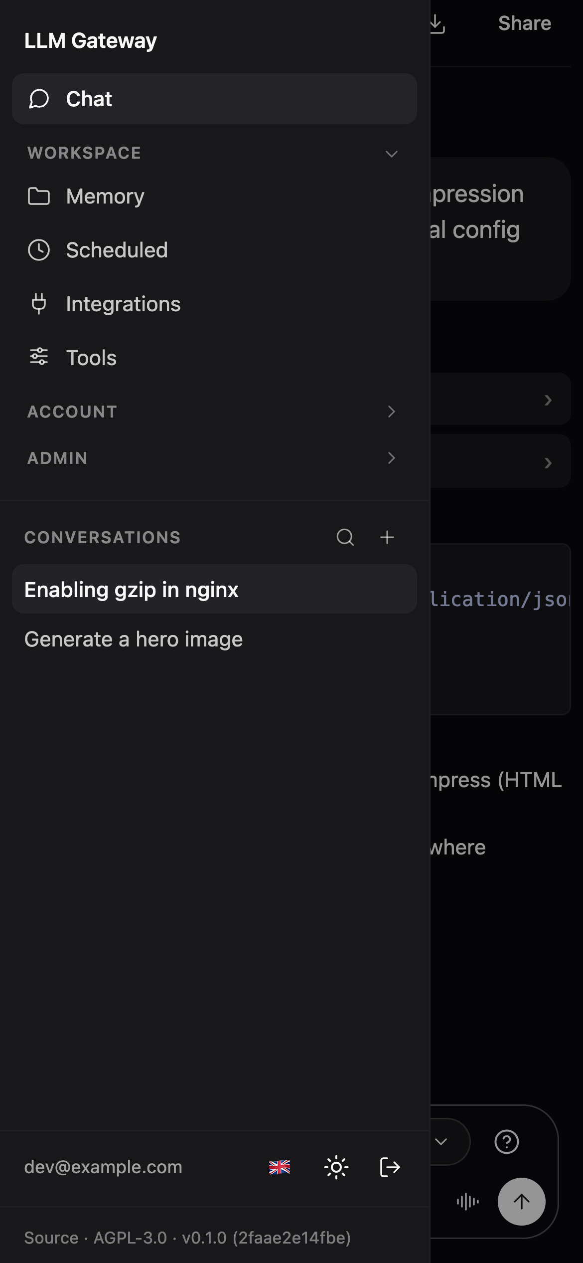 The mobile navigation drawer slid open over the dimmed chat, showing the Workspace / Account / Admin nav groups and the conversation list.