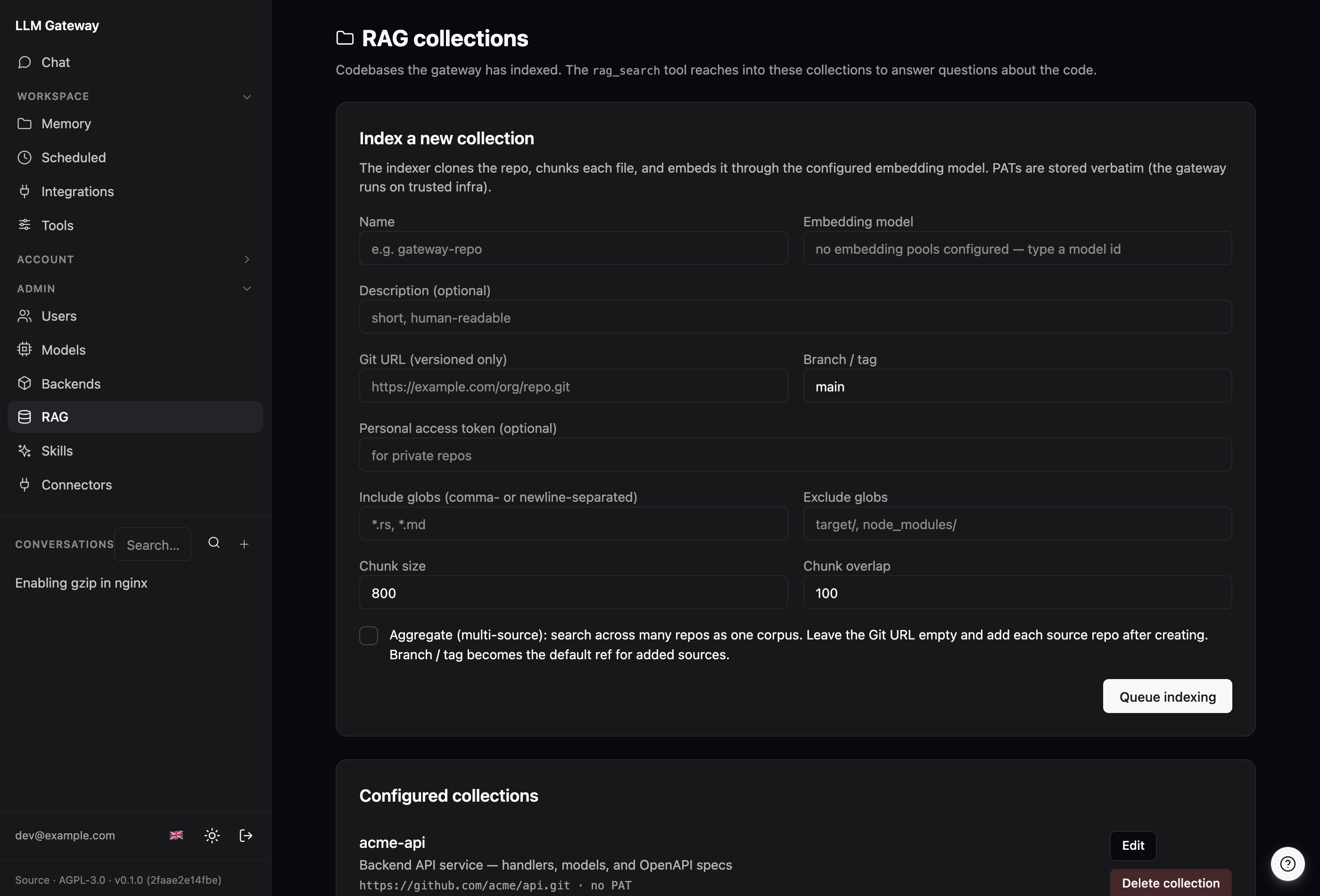 The RAG page: a form to index a new collection from a git repo (embedding model, branch, include/exclude globs, chunk size) and a list of existing collections with their indexing status.