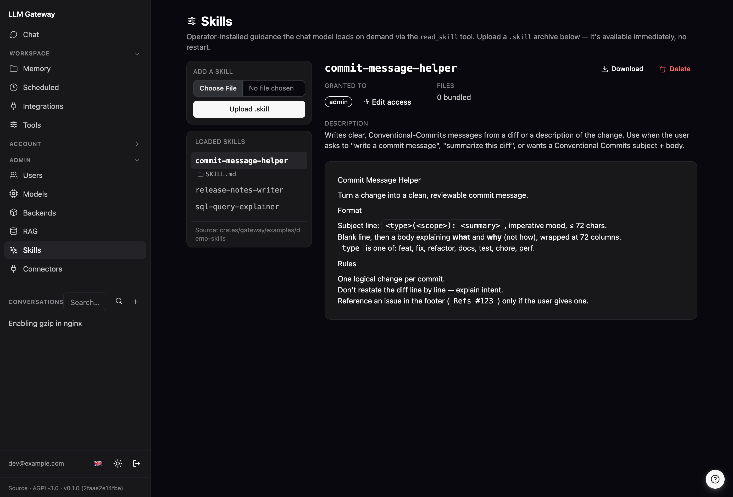 The /admin/skills page: an upload control, the list of loaded skills with the selected bundle's file tree, and that skill's rendered SKILL.md alongside which roles it's granted to.