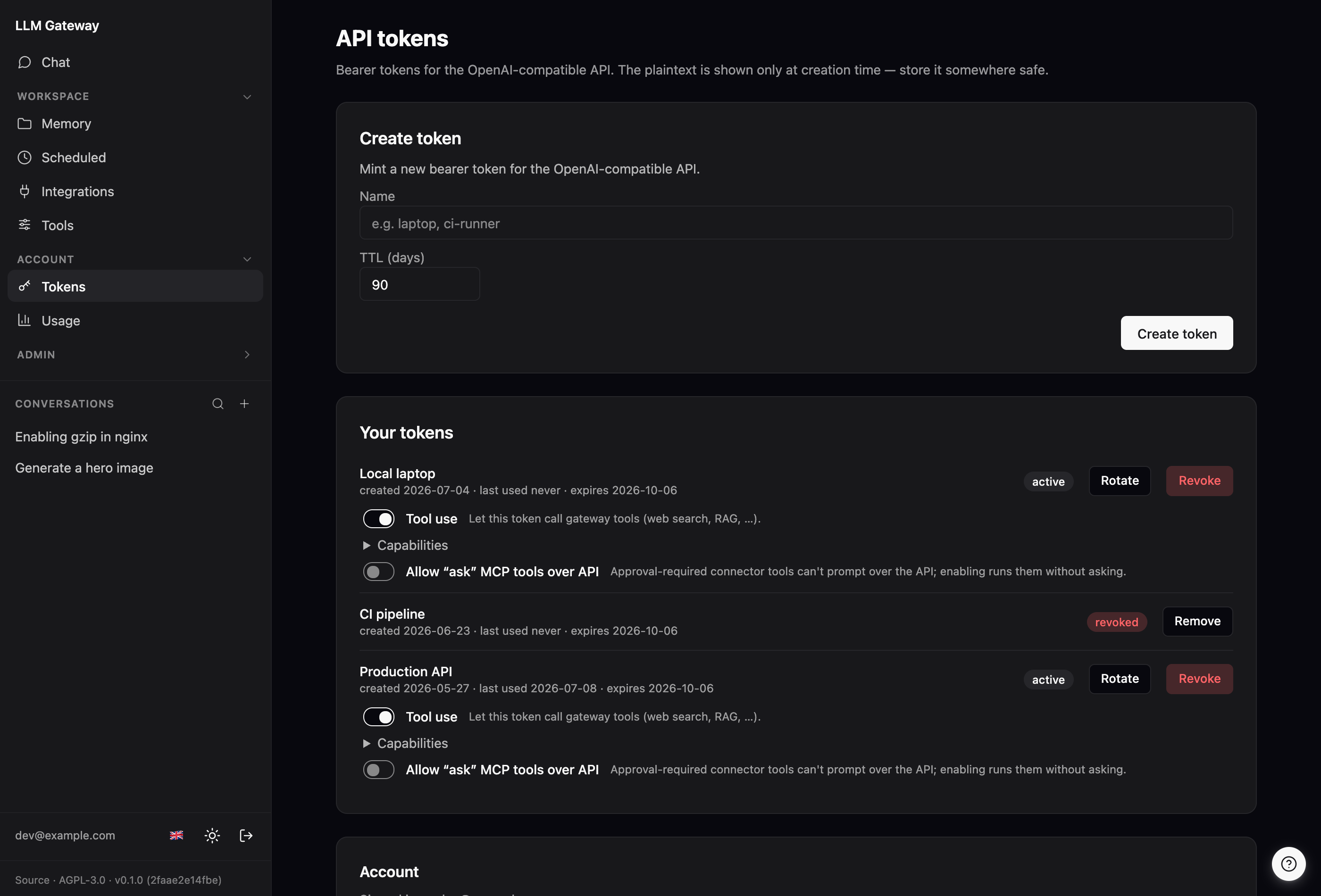 The /tokens page: mint a bearer token with a name and TTL, then a list of your tokens — each showing active/revoked status, created / last-used / expiry dates, a per-token tool-use toggle, and Rotate/Revoke actions.